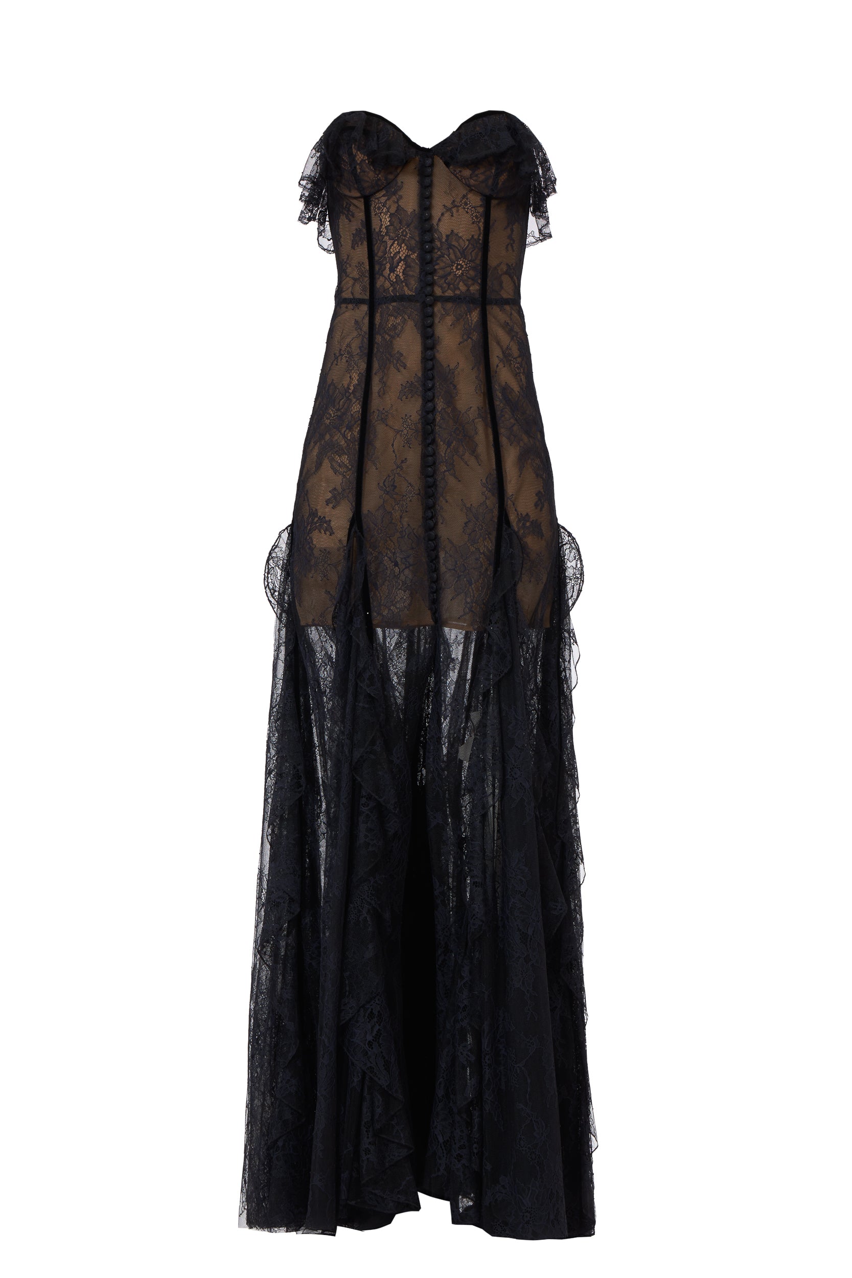 Rosaline Bustier Lace Gown displayed on a plain background, highlighting its black lace design, structured bustier, and floor-length silhouette.
