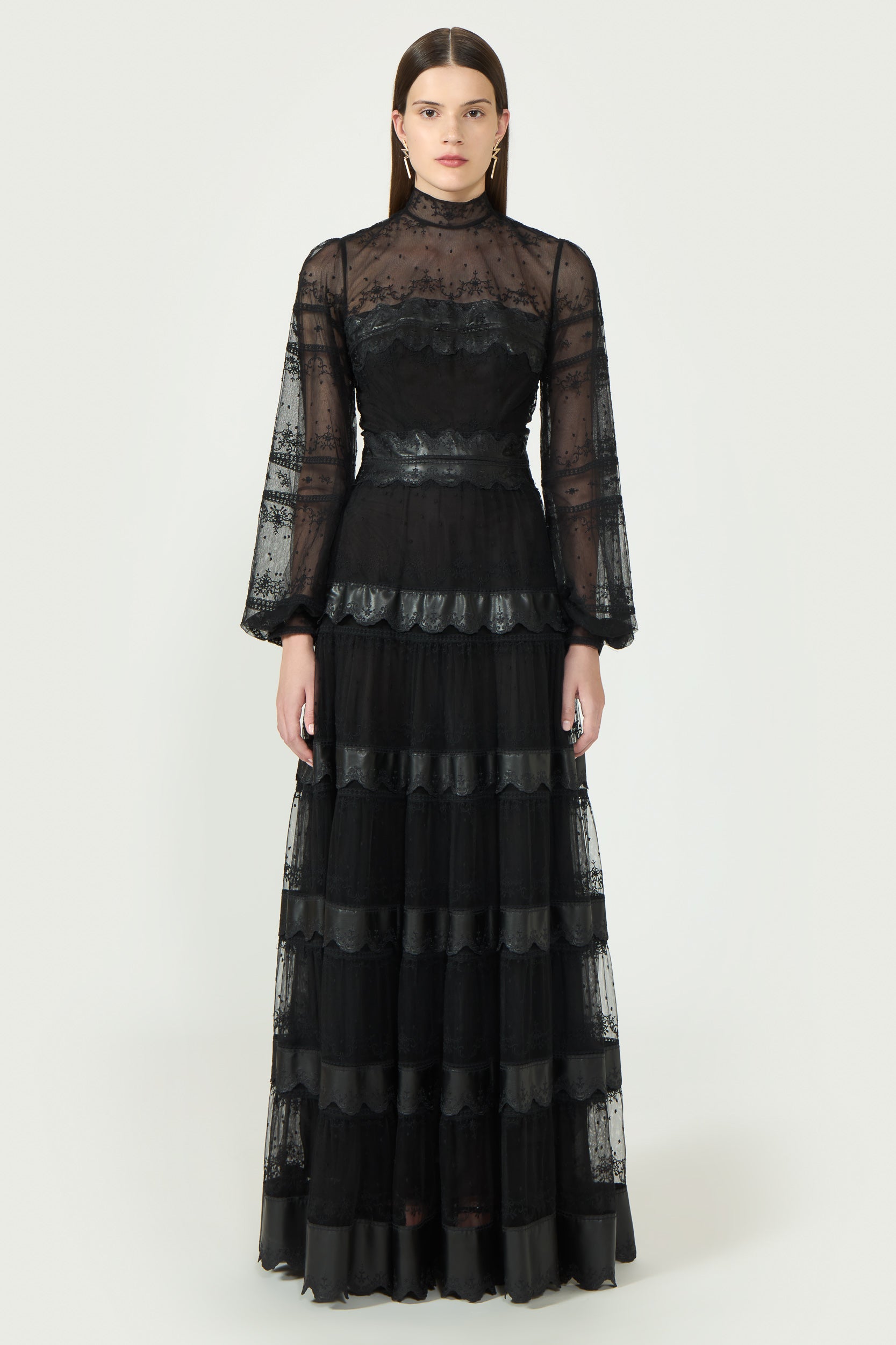 Jacey Embroidered Tulle Faux Leather Gown