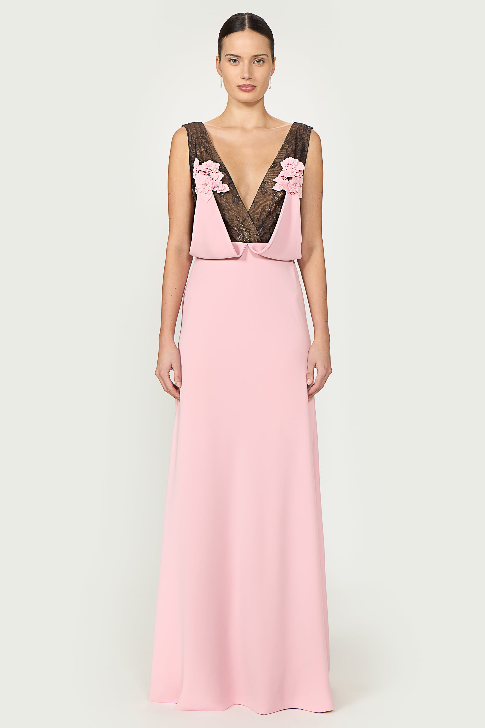 Janessa Crepe Lace Plunge Neck Gown