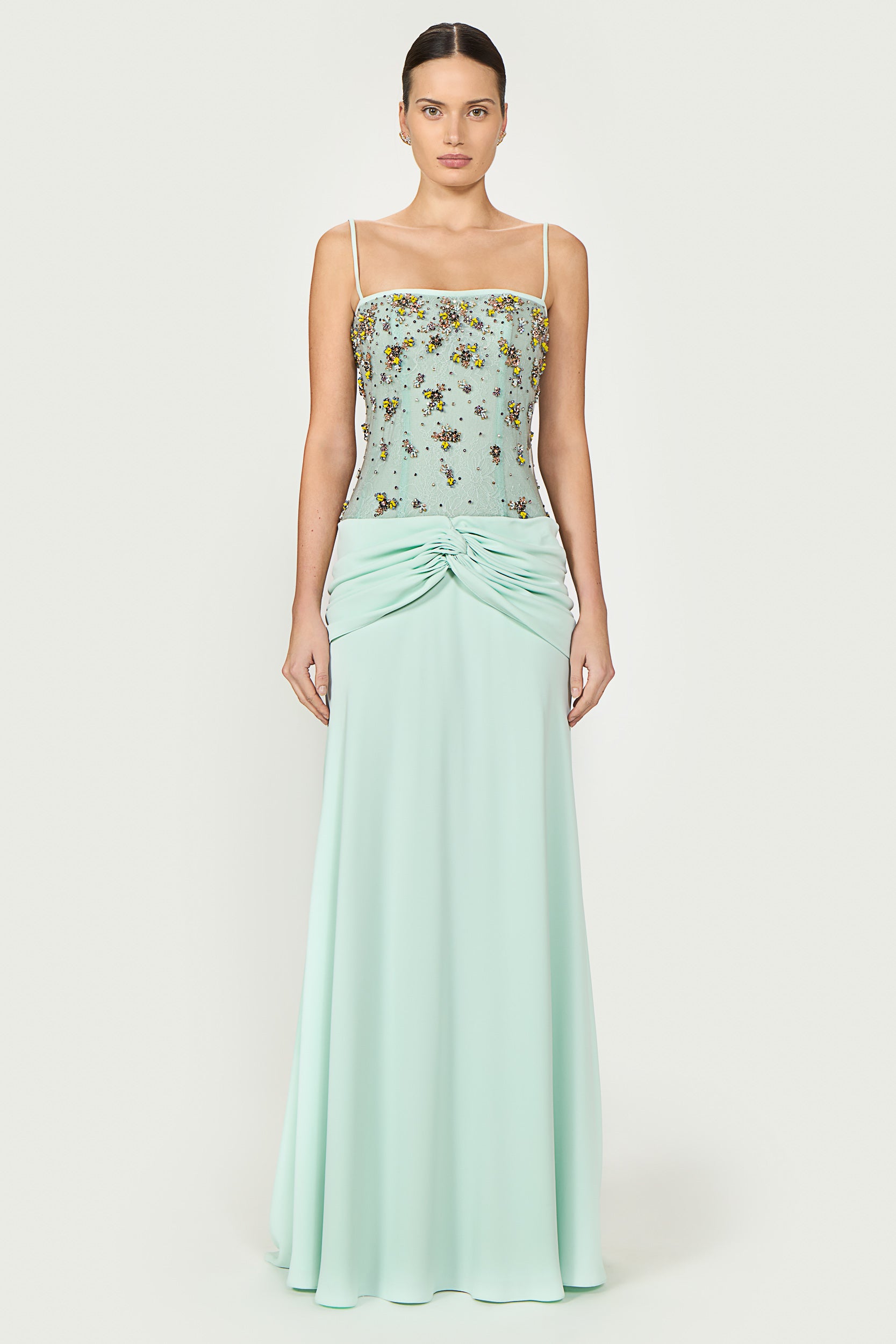 Nissa Crepe Embroidered Tulle Gown