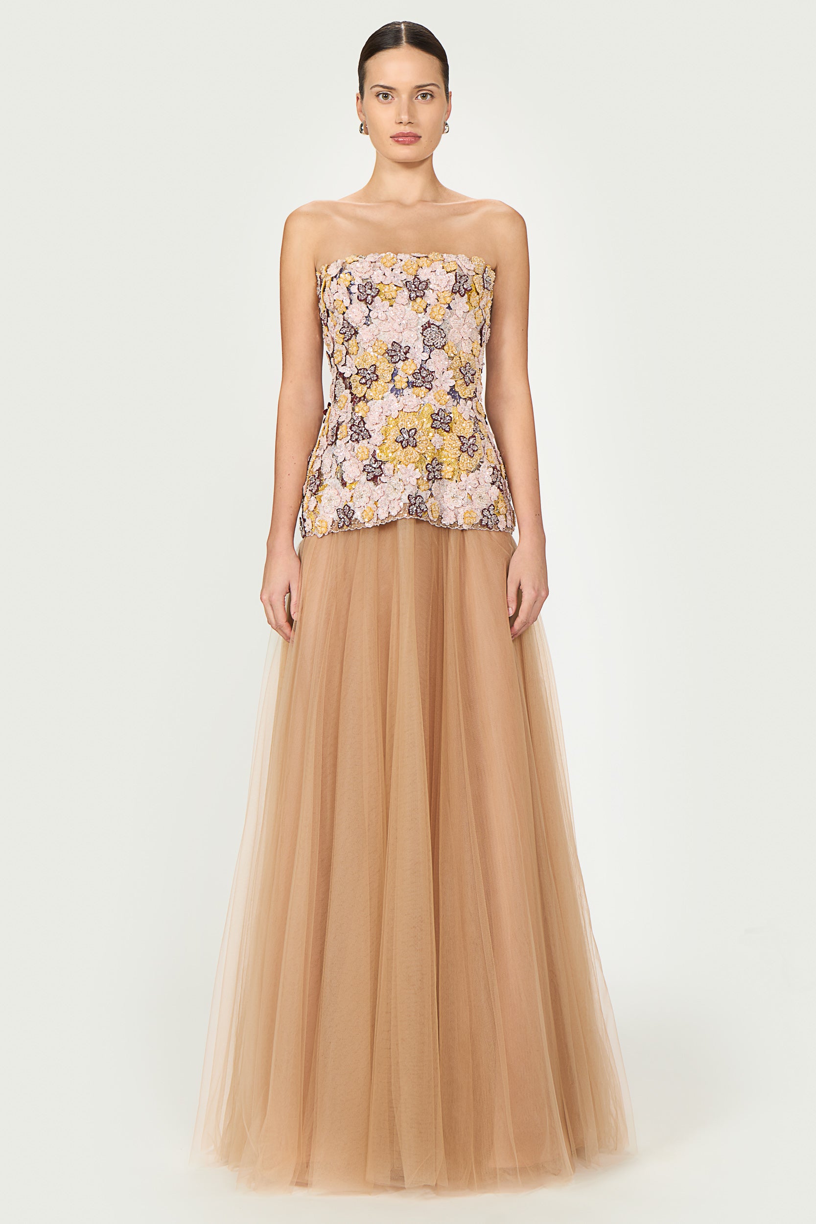Thia Embroidered Tulle Strapless Dress