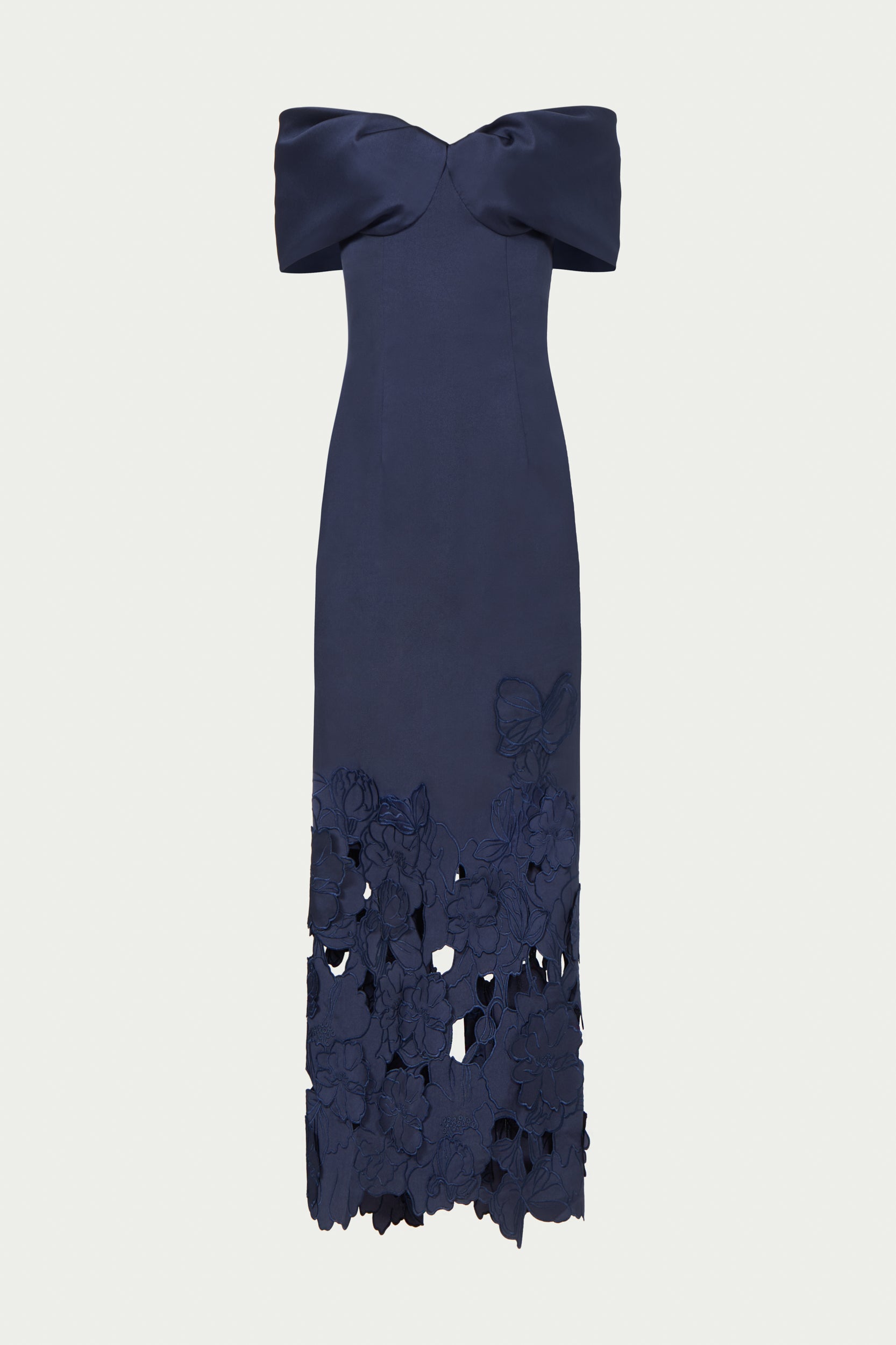 Norelle Satin Floral-Cut Off Shoulder Dress