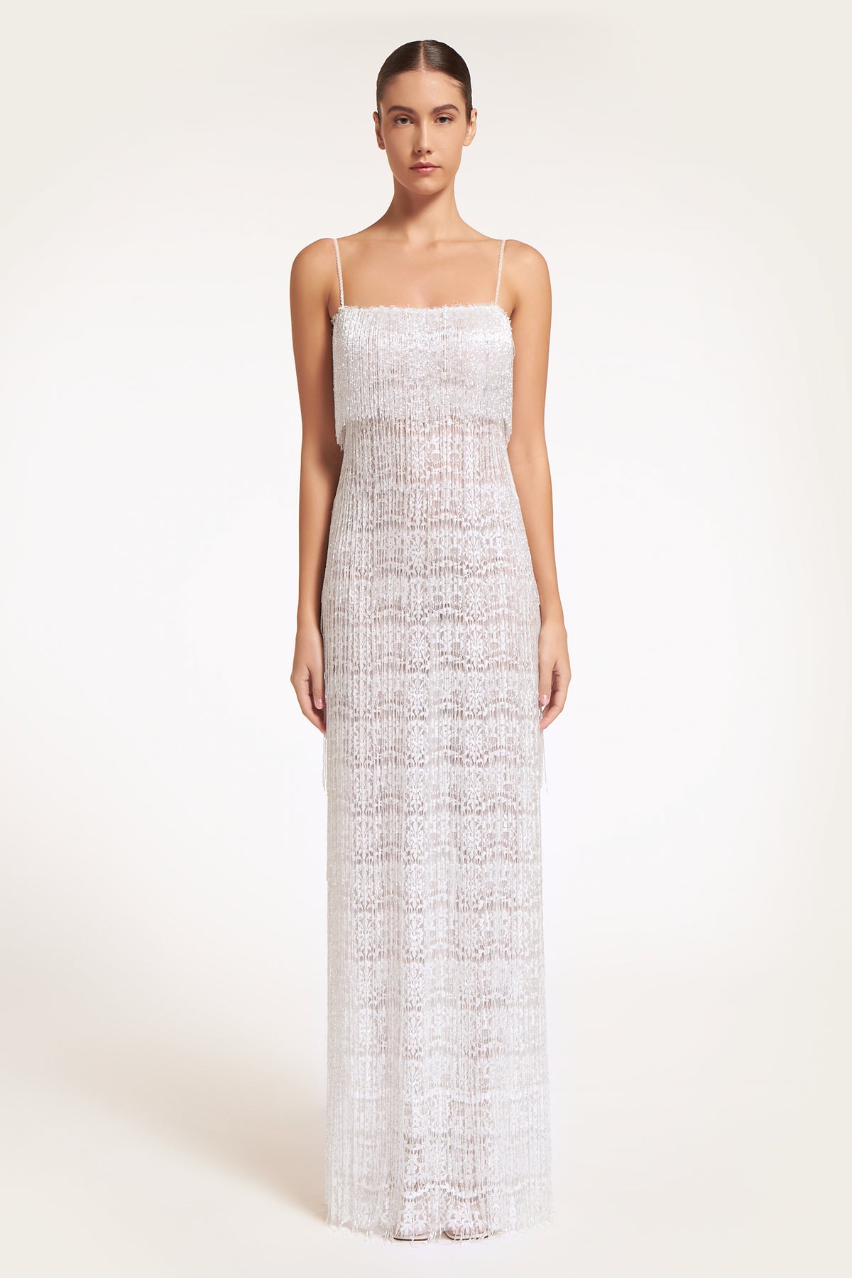 Kirka French Lace Handbeaded Fringe Gown