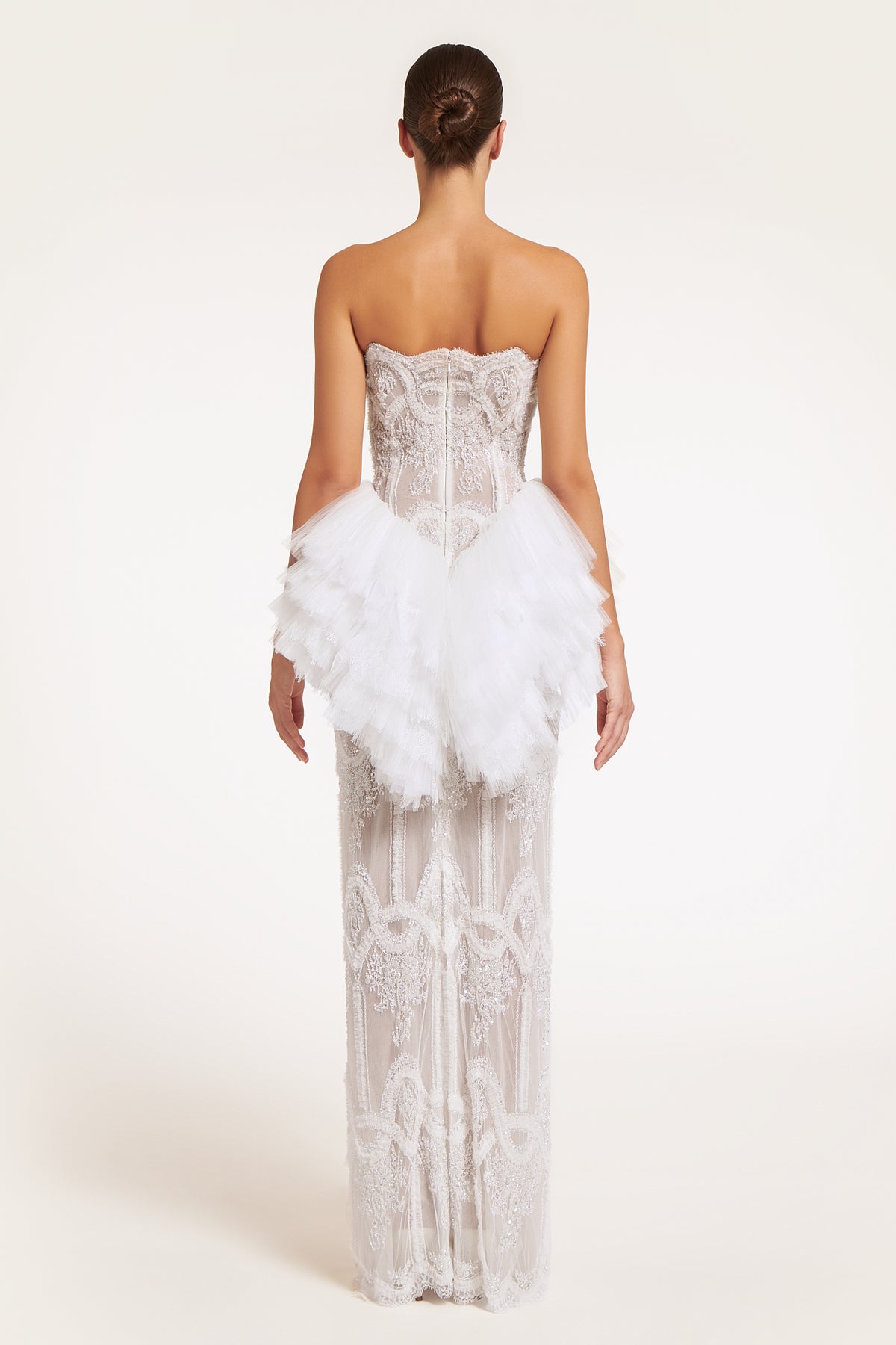 Thetia Hand-Beaded French Lace Column Gown