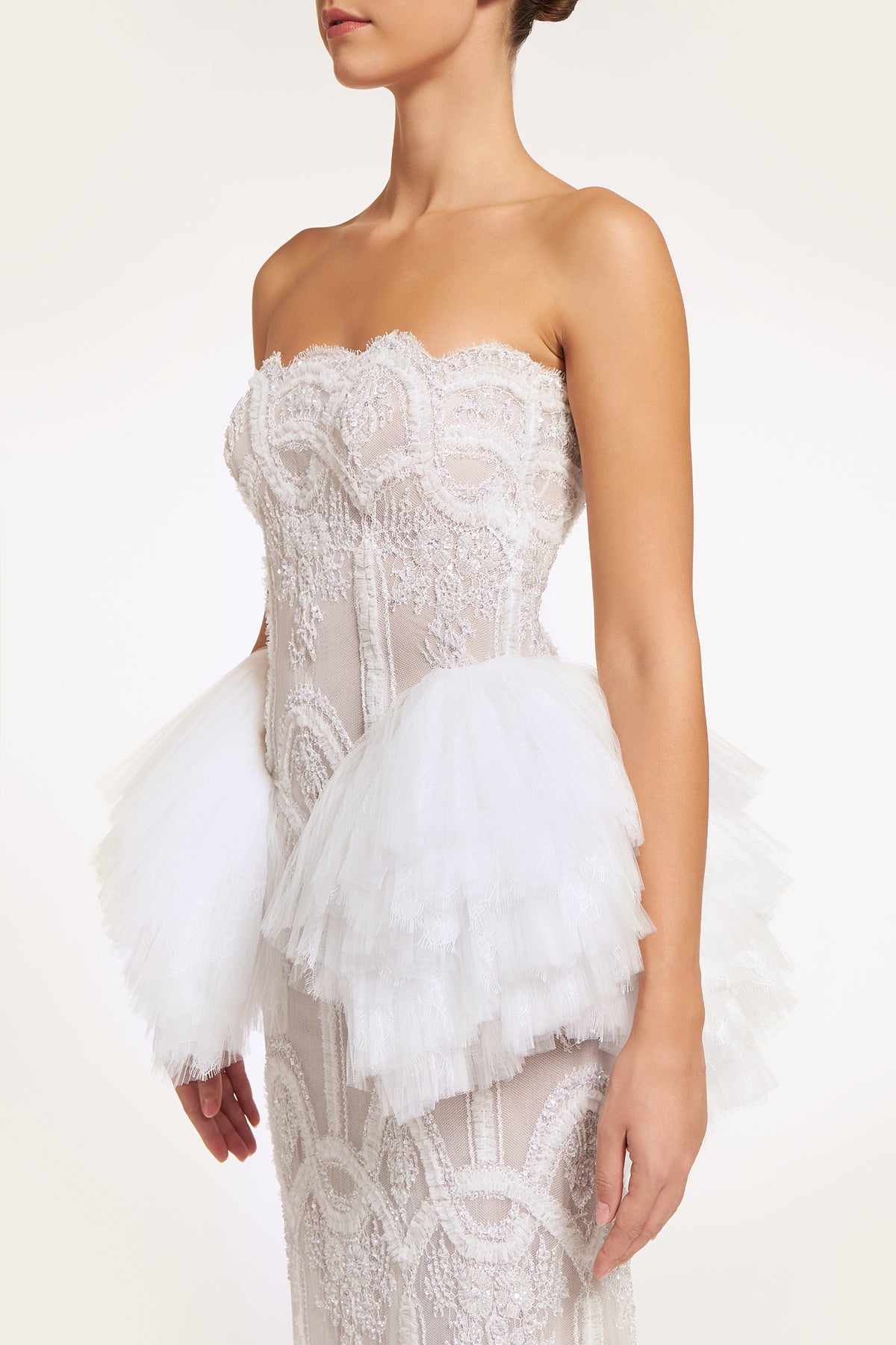 Thetia Hand-Beaded French Lace Column Gown