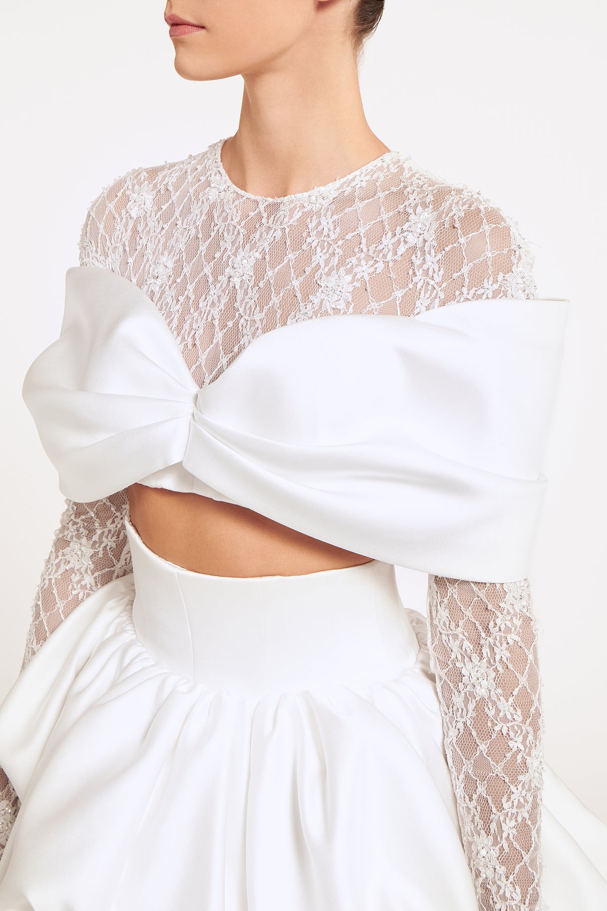 Anthia Chantilly Lace Satin Duchesse Off-Shoulder Top