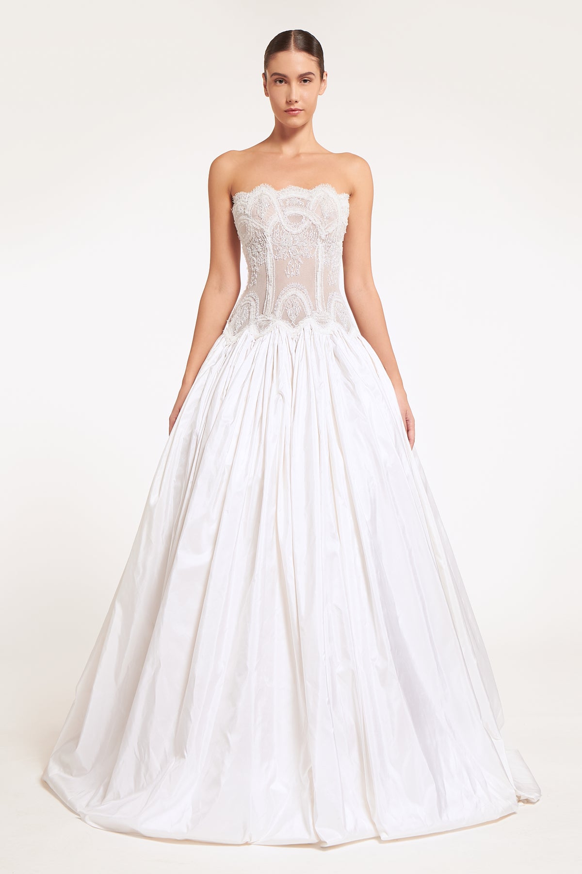 Andromine French Lace Silk Taffeta Strapless Ball Gown