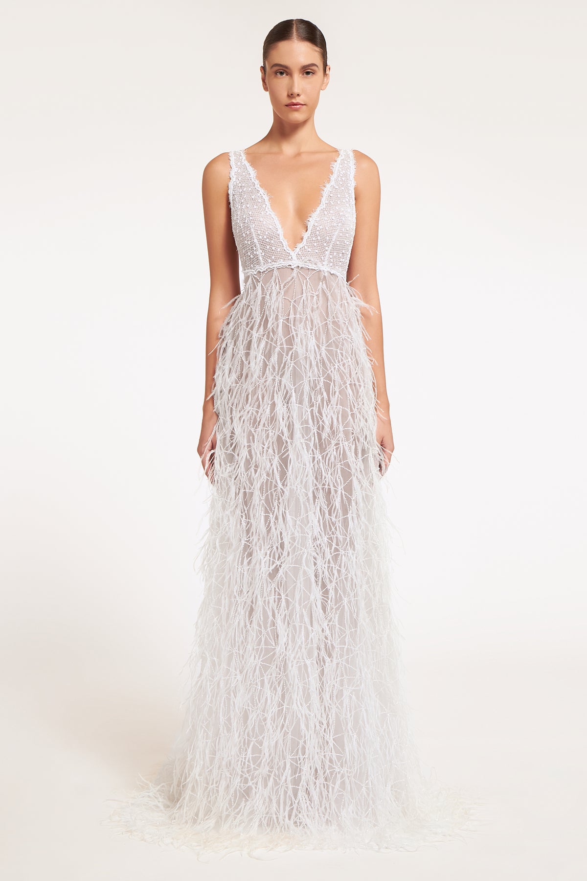 Diotima Hand-Beaded Tulle Feathered Skirt Gown