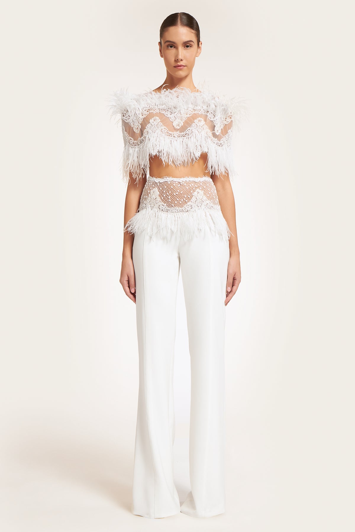 Despia Hand-Beaded Feathered Crepe Trousers