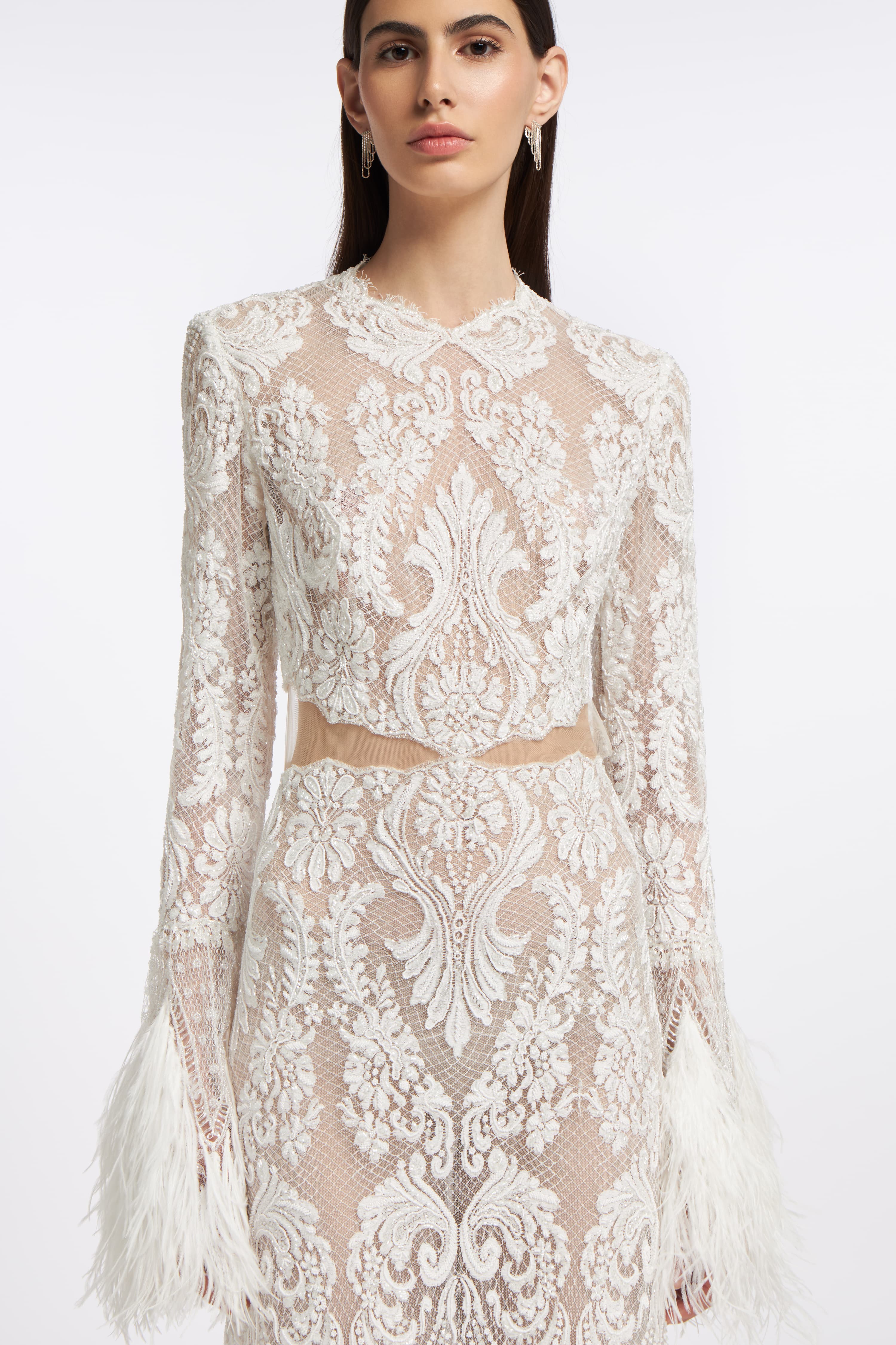 Close-up of the Panorea Beaded Lace Gown showcasing delicate lace patterns, sheer fabric, and feathered sleeve accents for an elegant bridal style.