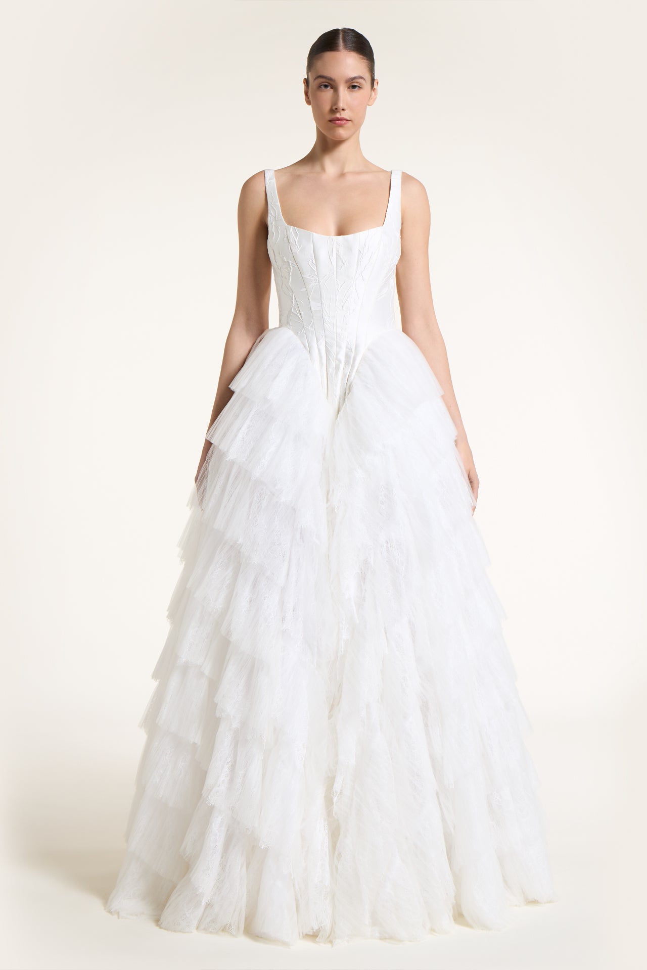Simella Silk Jacquard and Chantilly Lace Gown