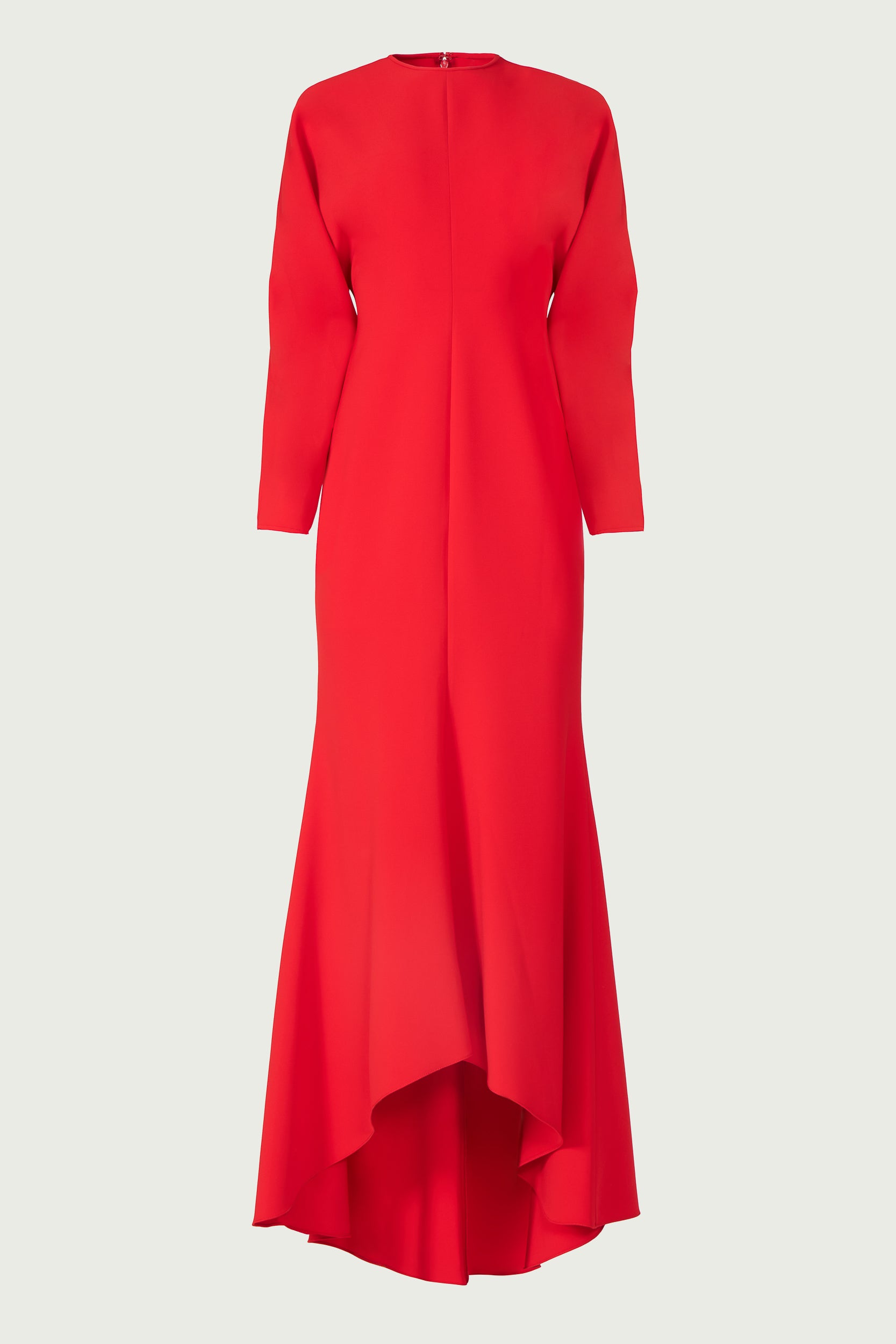 Flat-lay of the Marlette High-Low Crepe Gown highlighting its minimalist design, long sleeves, and striking high-low hem in red.