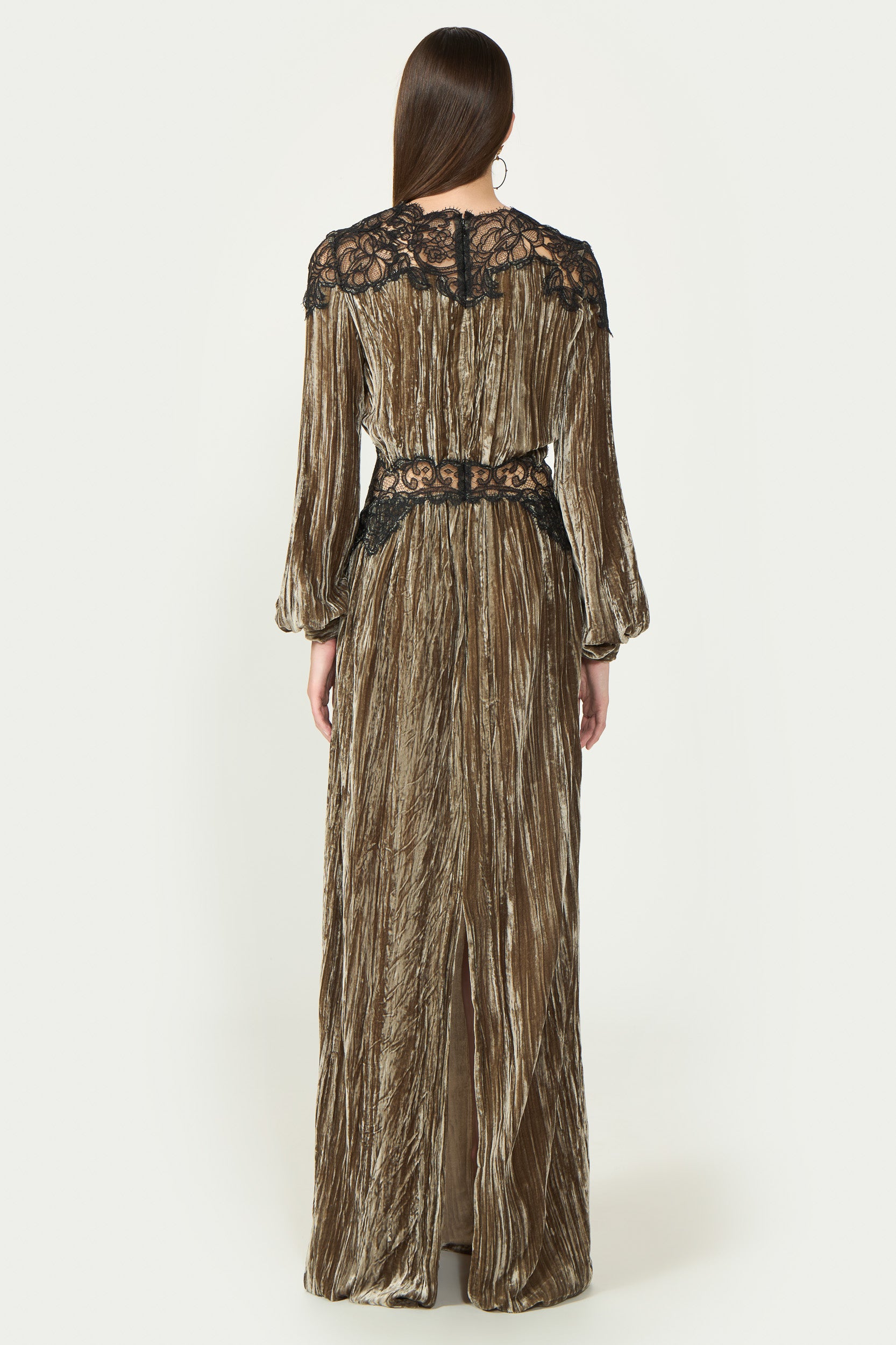Senna Plissé Silk Velvet Lace Gown