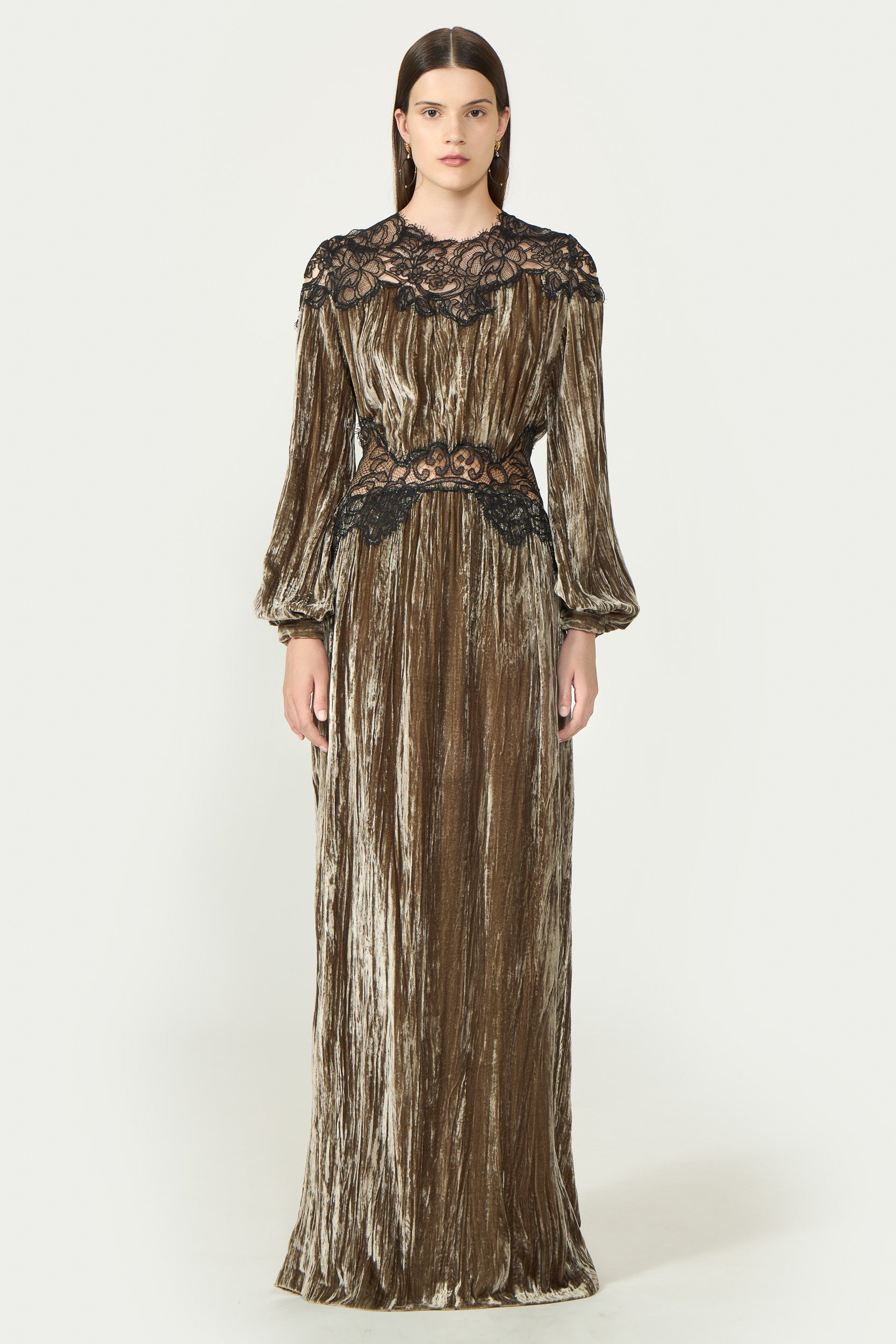 Senna Plissé Silk Velvet Lace Gown