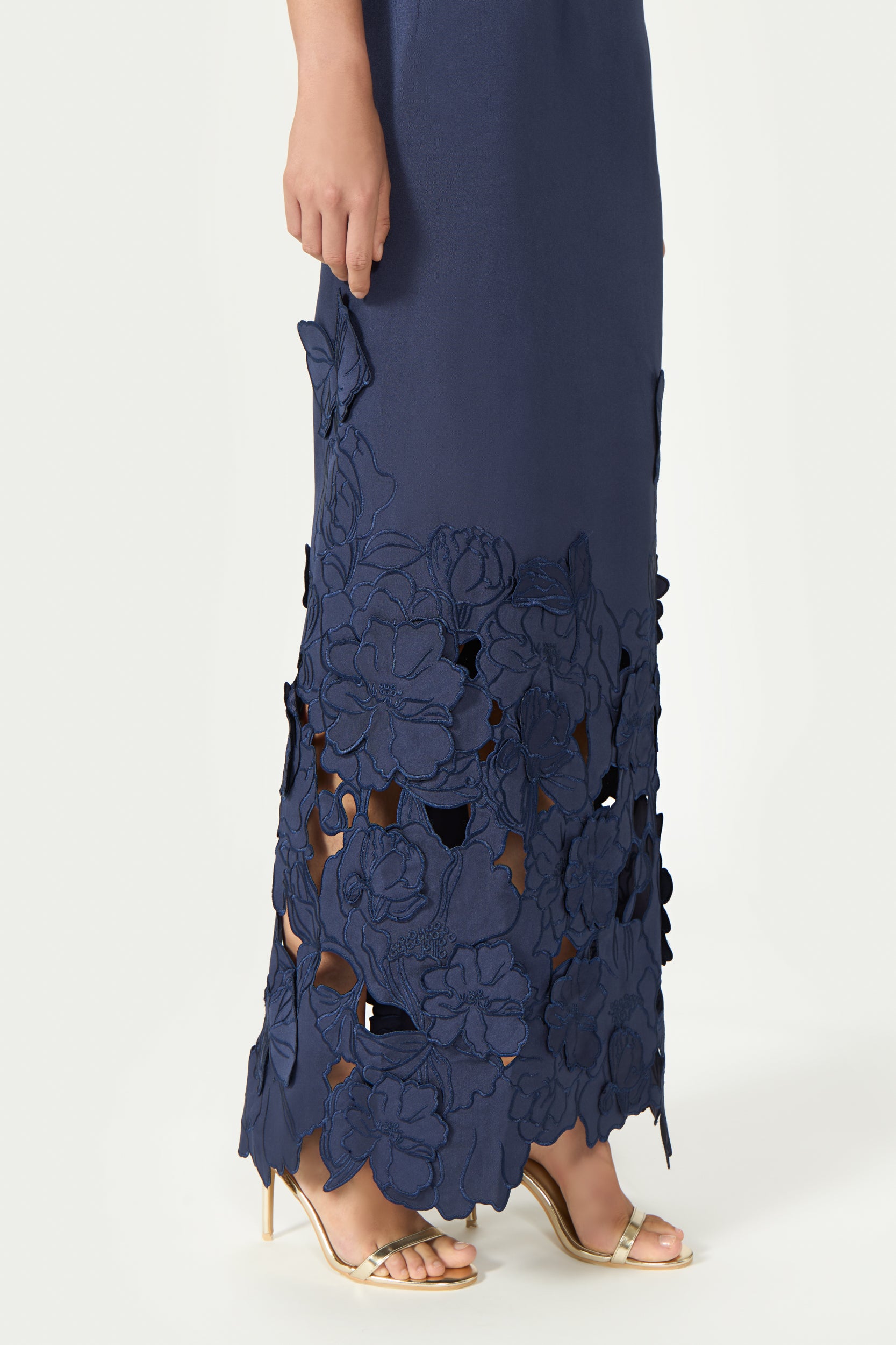Norelle Satin Floral-Cut Off Shoulder Dress