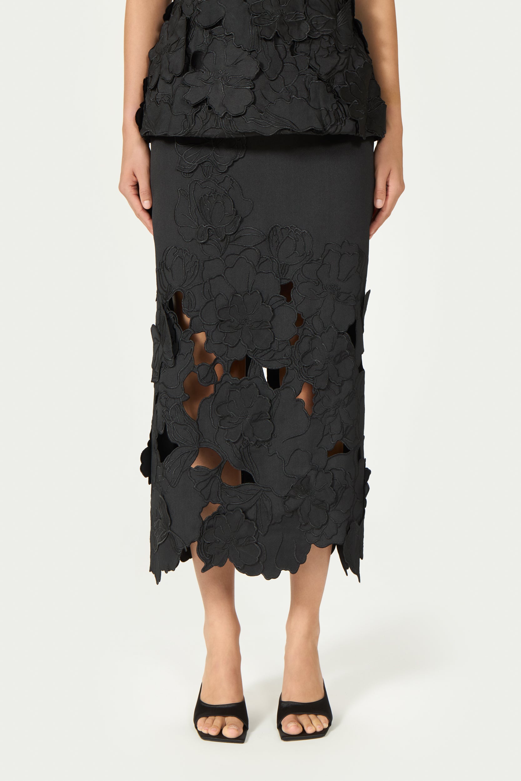 Alexina Floral-Cut Satin Pencil Skirt