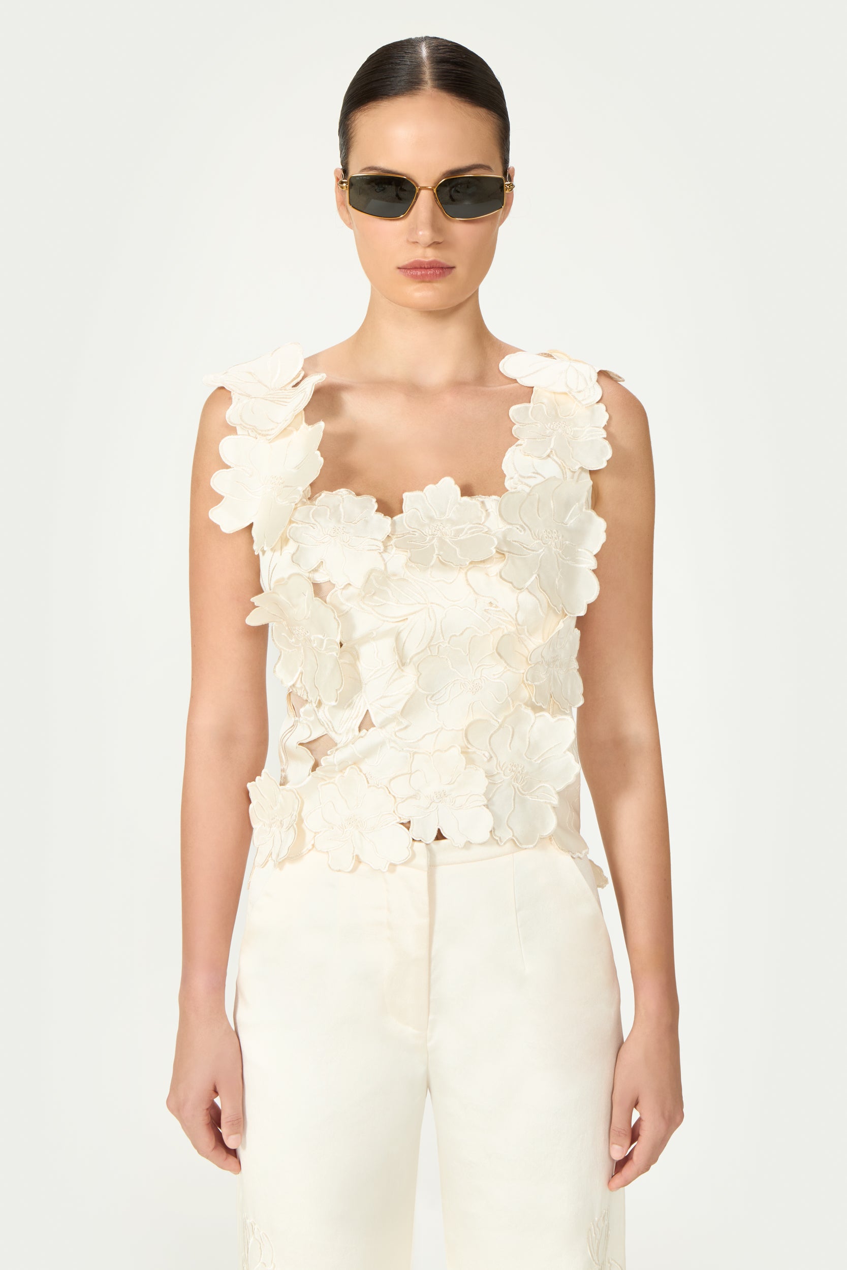 Liess Embroidered Floral-Cut Satin Top
