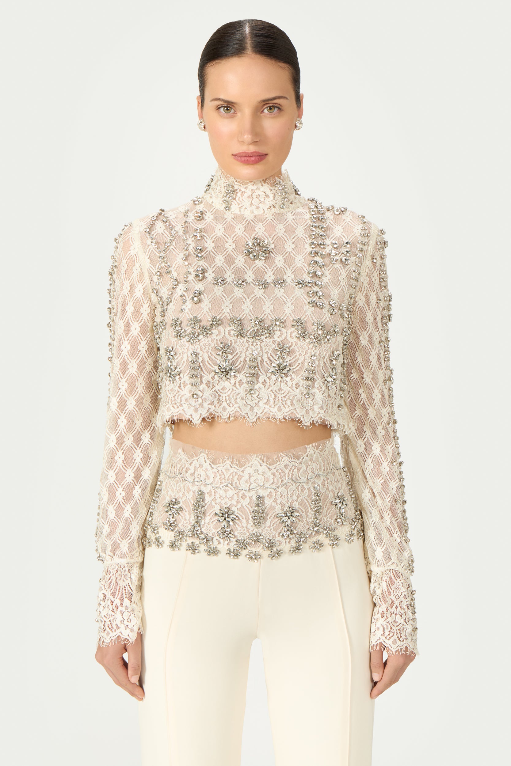 Darie Beaded French Lace Crop Top