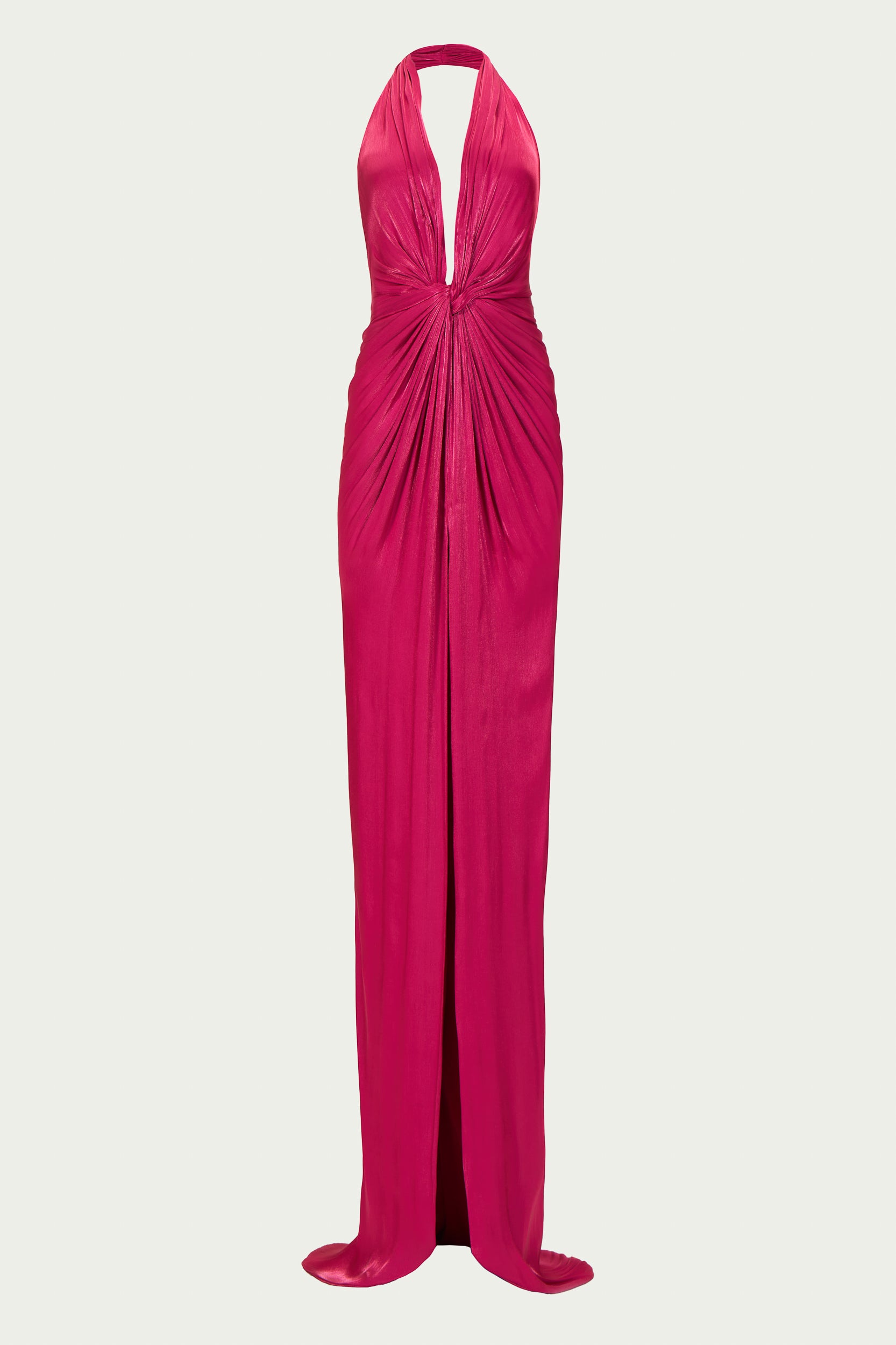 Signature Costarellos halterneck gown with twisted draped front and thigh high central slit in shimmering magenta pink