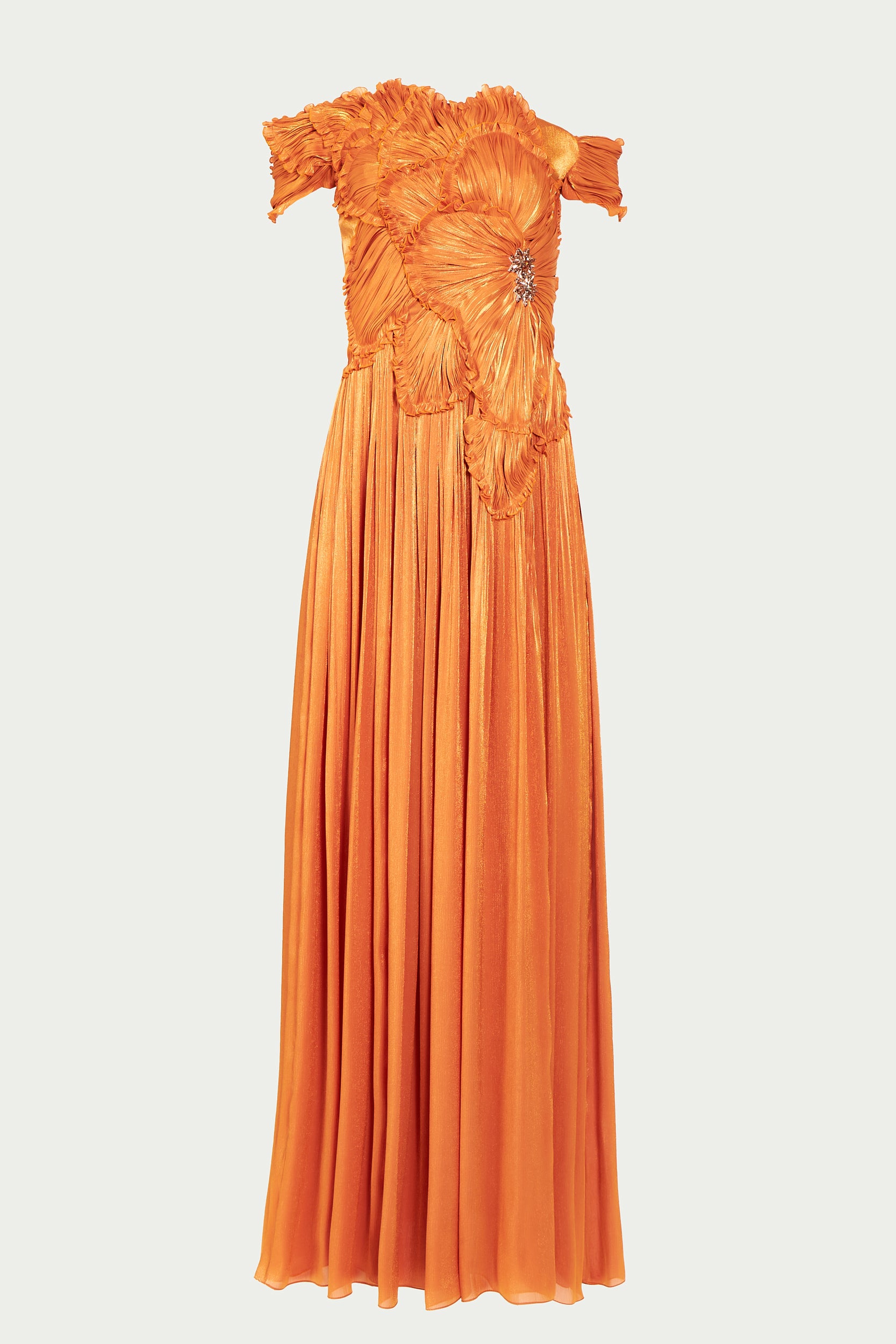 Floor length orange Costarellos dress with draped skirt and textured floral bustier with off the shoulder straps