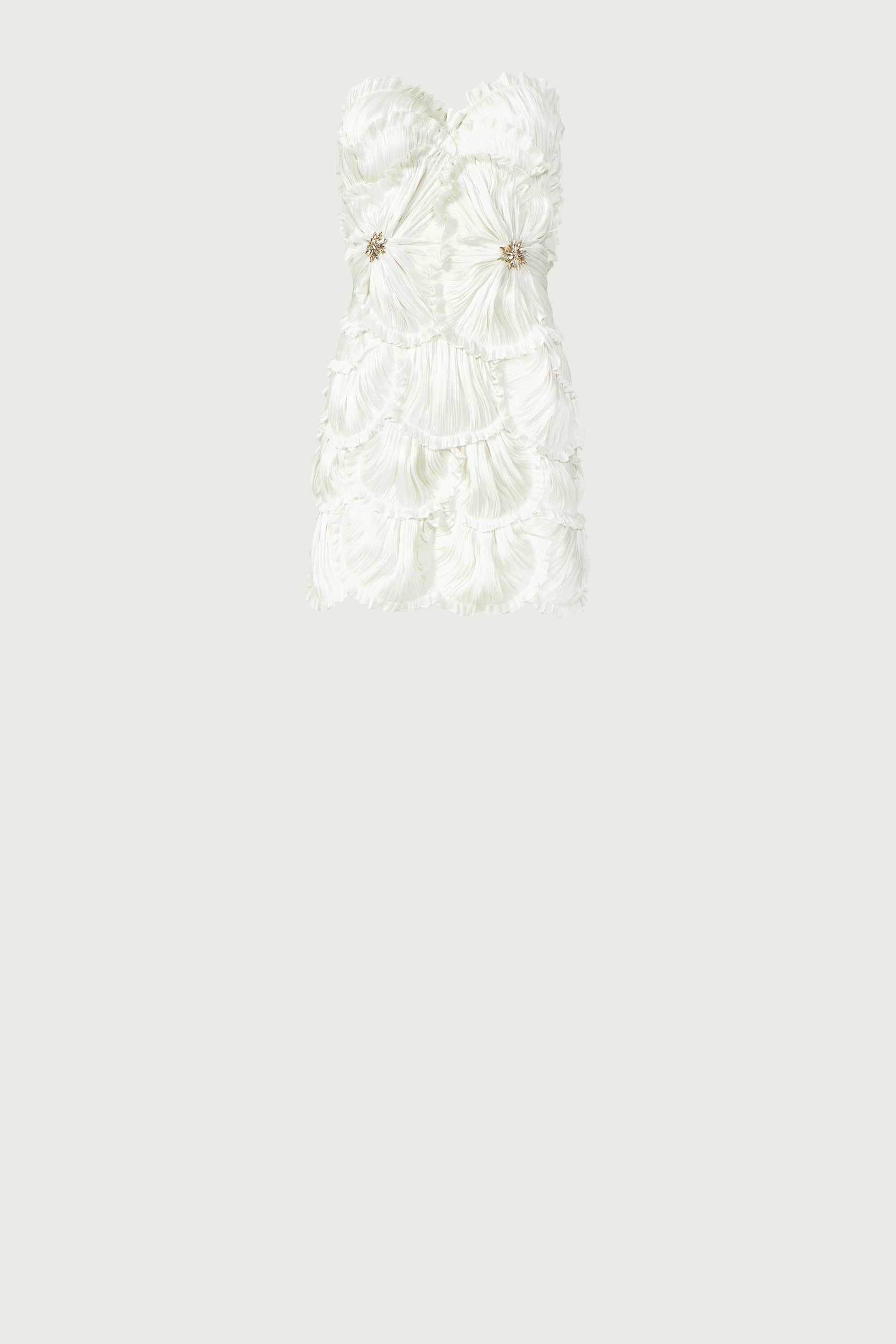 Strapless Marica Lurex Georgette Mini Dress displayed against a neutral background. Features ruched floral detailing and jewel embellishments.