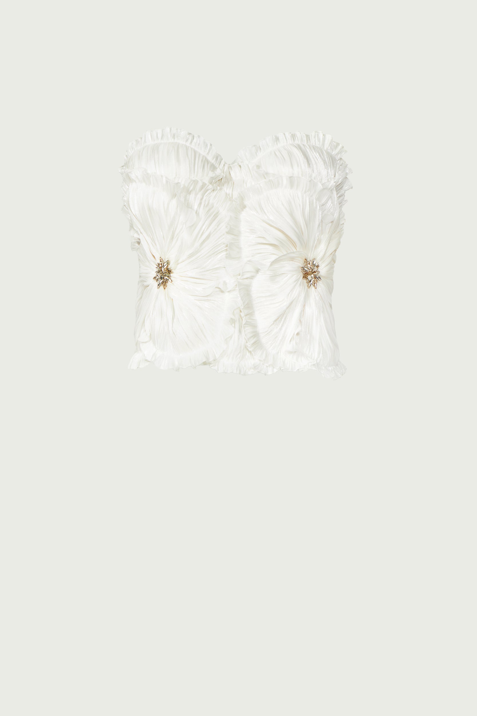 Ezra Lurex Georgette Bustier in off-white, featuring floral pleated details and jeweled embellishments. A statement strapless top for elegant styling.