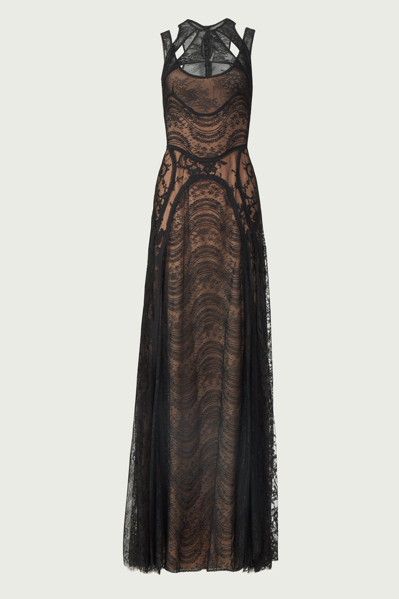 Massima Patchwork Lace Gown displayed on a plain background, highlighting its intricate lace patterns, cutout details, and elegant floor-length design.