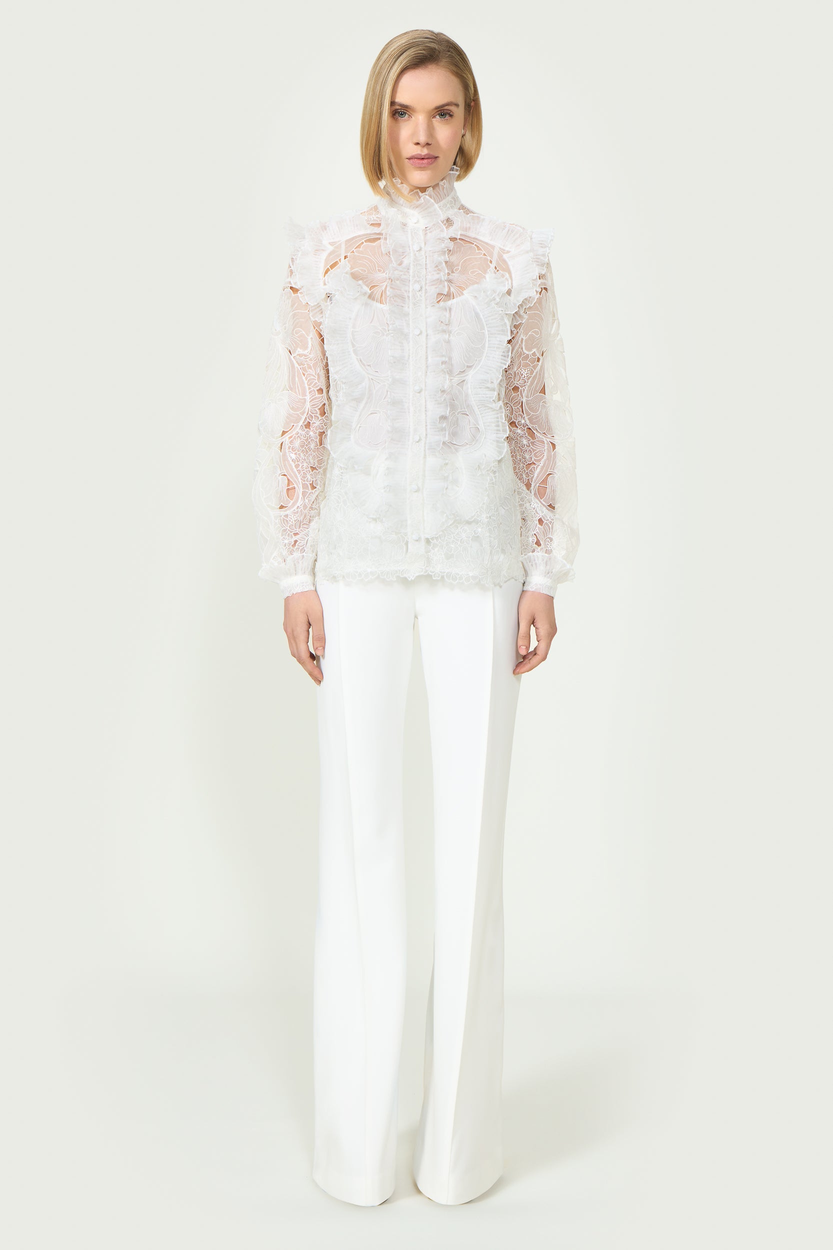 Augusta Embroidered Organza Ruffled Blouse
