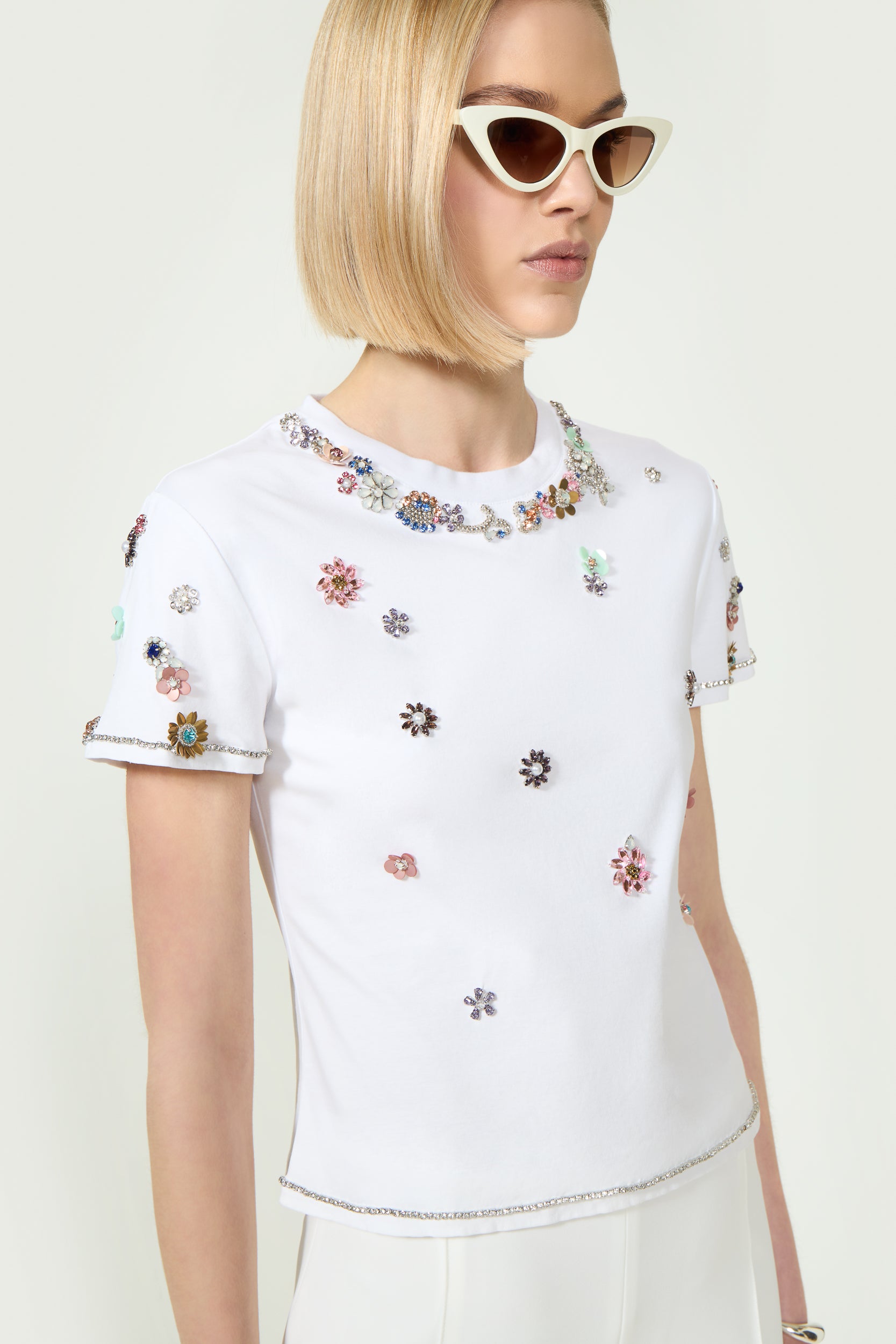 Lonnie Crystal Flower Embellished Cotton Top