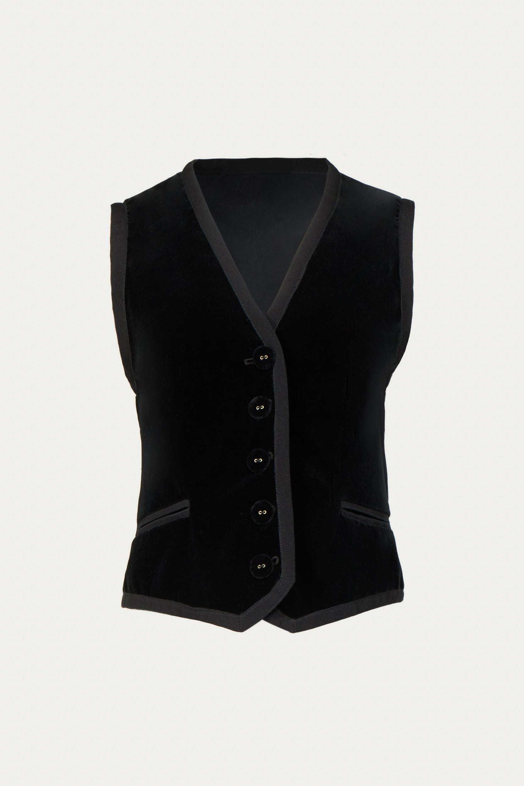 Velvet Costarellos waistcoat with welt pockets, satin trim and 5 buttons down the front.