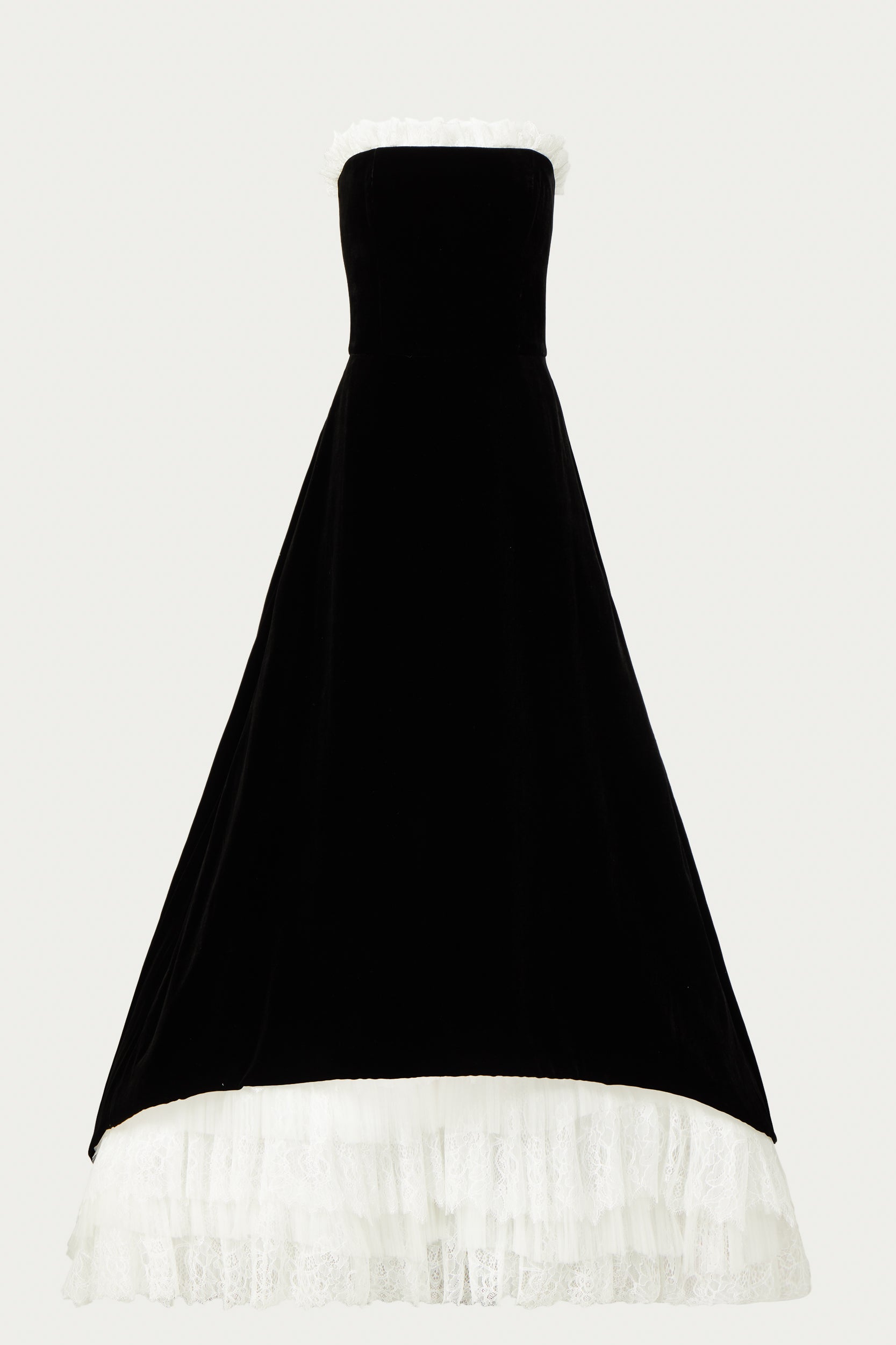 Black and white Costarellos gown with a strapless bustier top and full skirt in black velvet with a white lace underskirt revealed at the hem.