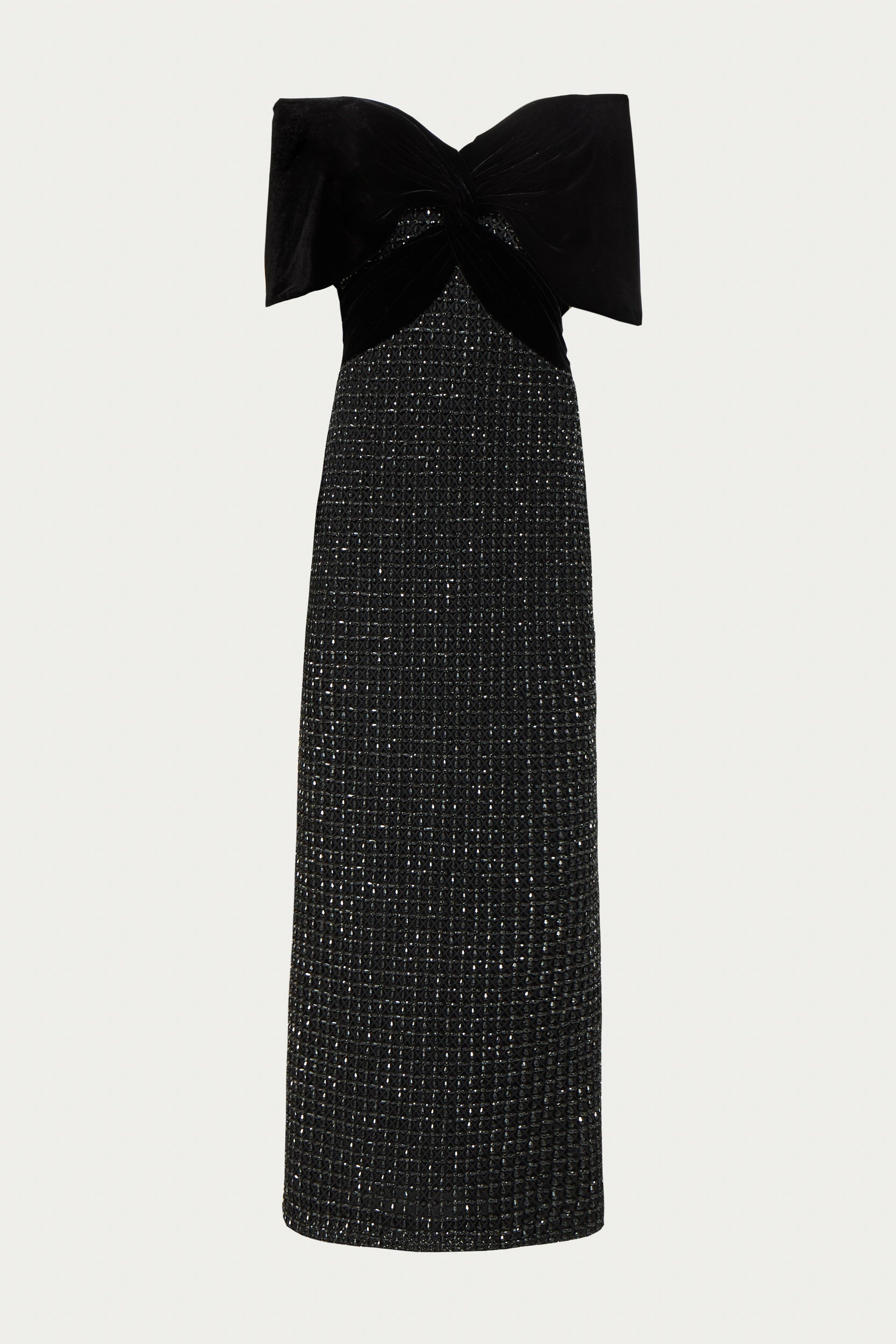 Costarellos black midi dress with velvet top and off the shoulder straps with an embellished fitted skirt.