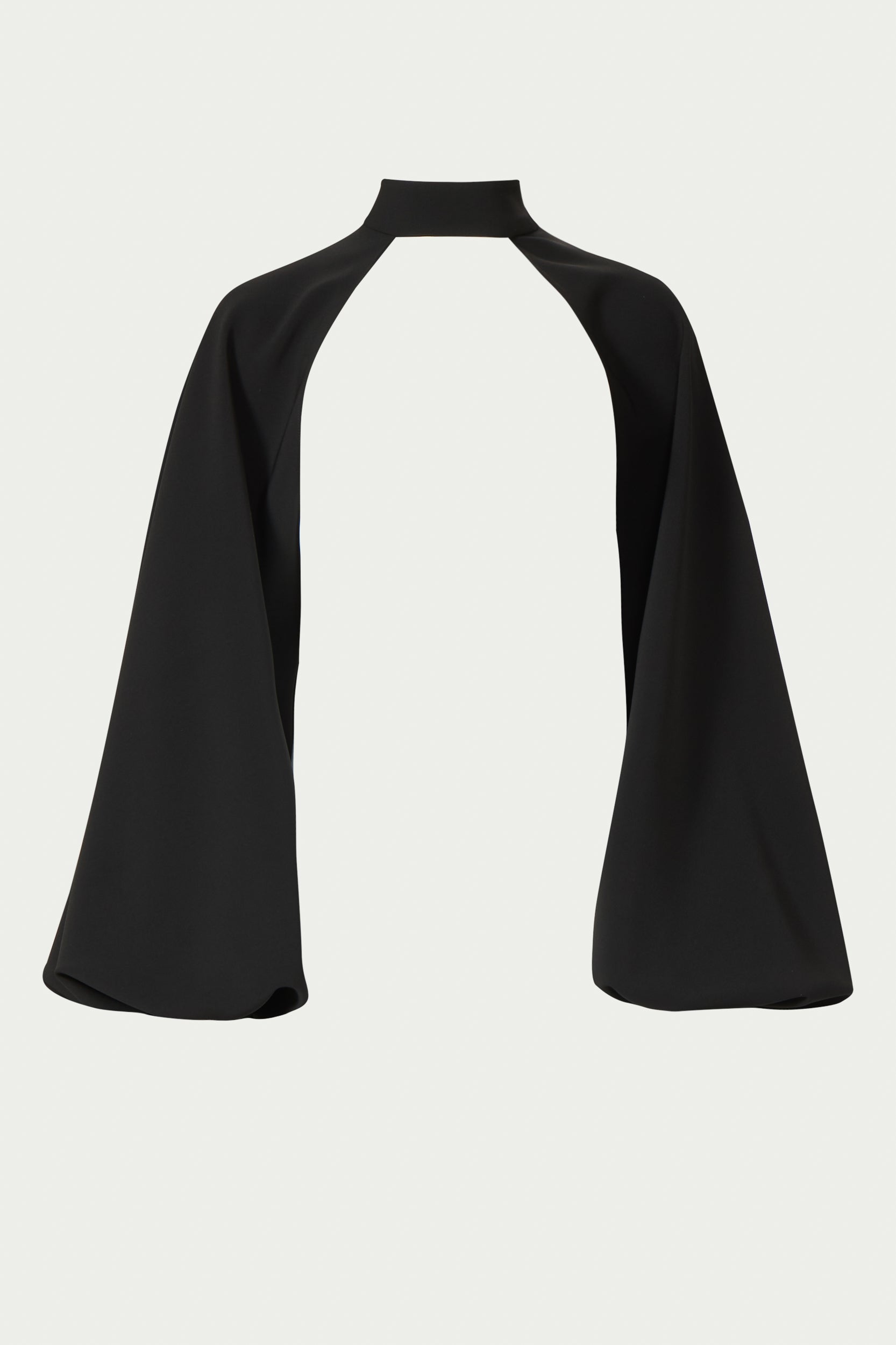 Black high-neck bolero with long, draped sleeves; crafted from luxurious crepe fabric.