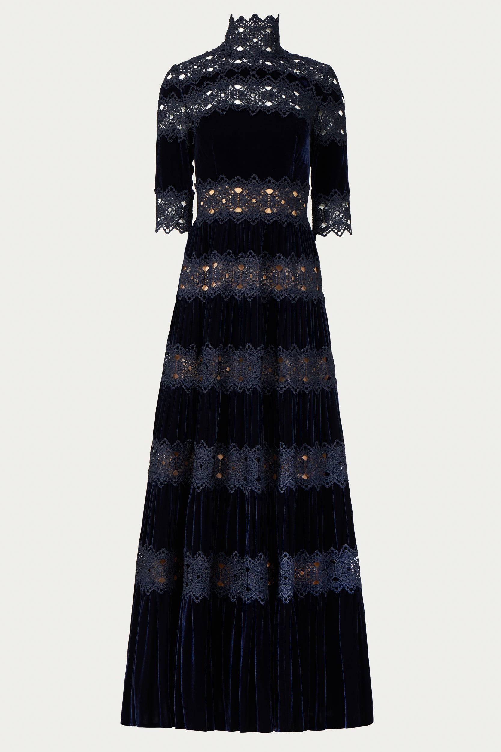 Lace and velvet tiered Costarellos evening dress with elbow length sleeves and high neck in deep blue.
