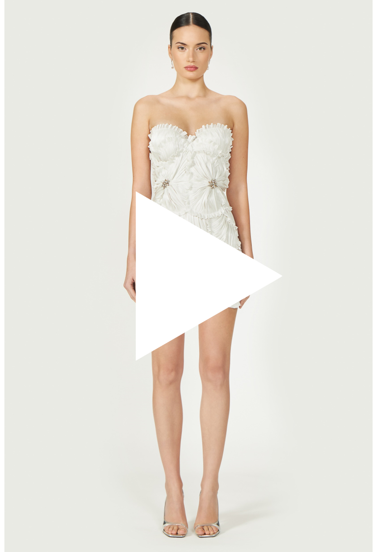 Video preview of Marica Lurex Georgette Mini Dress, highlighting its strapless design and ruched floral detailing. A chic off-white mini dress.
