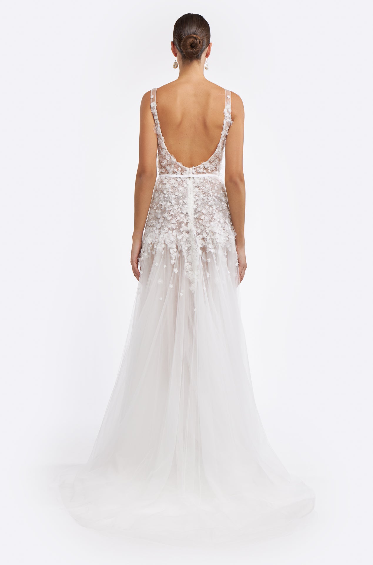 Back view of Rallia Embroidered Lace Gown with a scoop back, floral lace details, and flowing tulle train. A sophisticated wedding dress for brides.