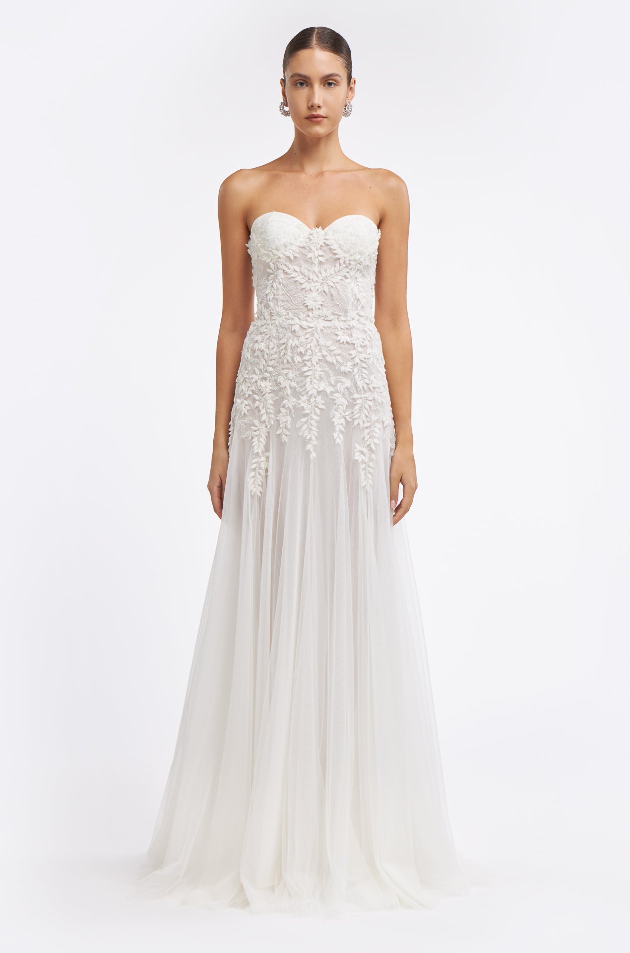 Matildie Beaded French Tulle Gown featuring a strapless sweetheart neckline, intricate beaded embroidery, and a flowing A-line silhouette.