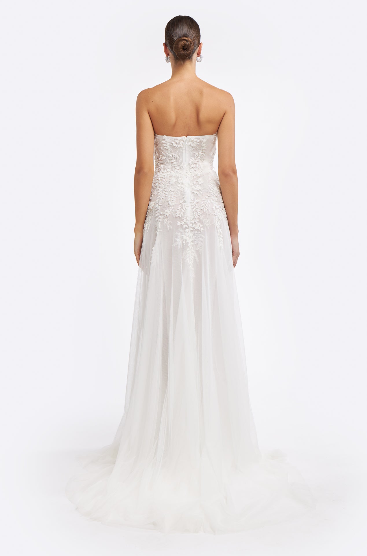 Back view of the Matildie Beaded French Tulle Gown with a strapless design, intricate beading, and a flowing tulle train for an elegant bridal look.
