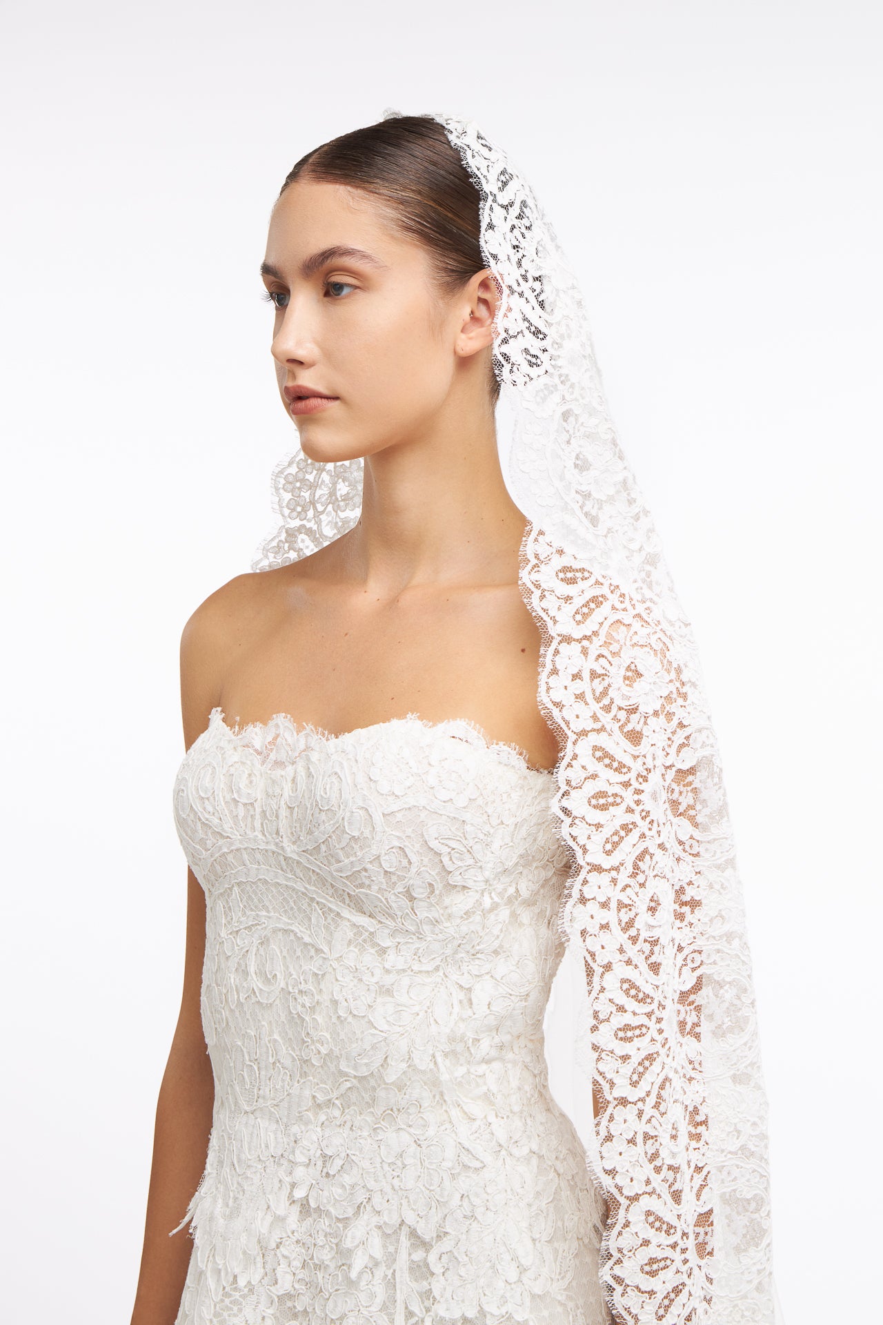 Elegant Corded Lace French Tulle Veil featuring intricate lace detailing. A perfect bridal accessory for a timeless wedding look.