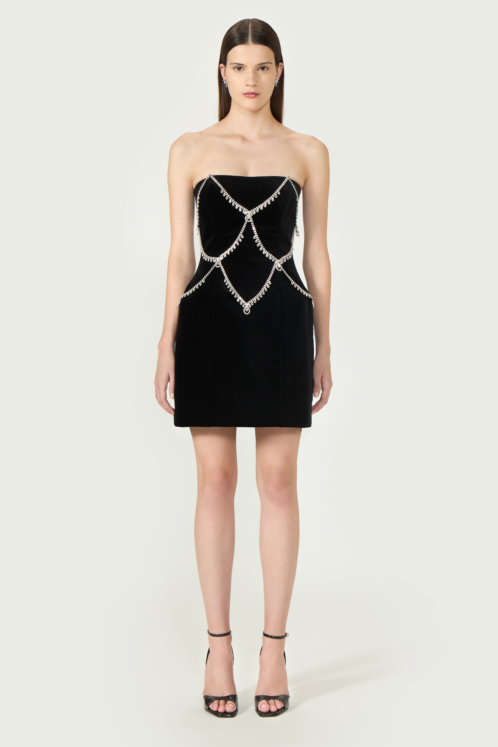 Novee Velvet Strapless Crystal Chain Mini Dress