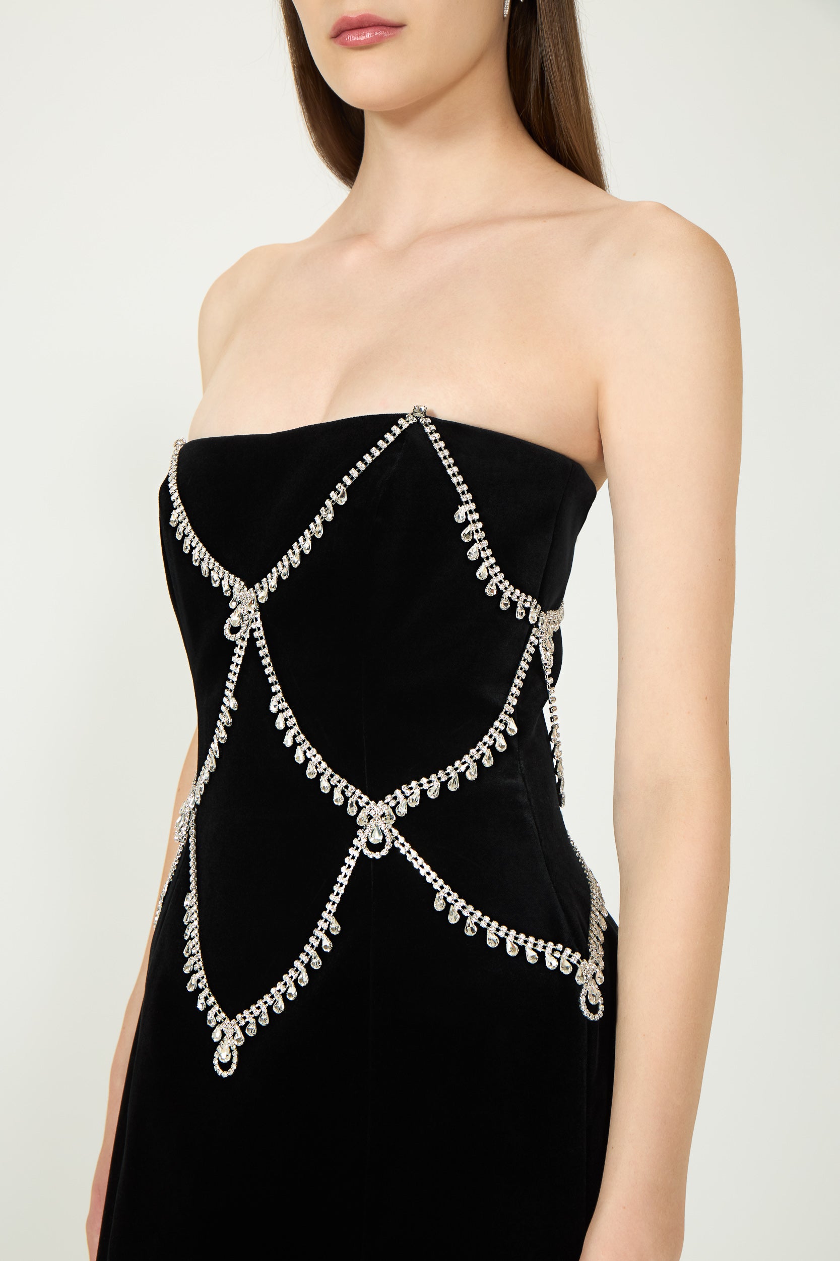 Novee Velvet Strapless Crystal Chain Mini Dress