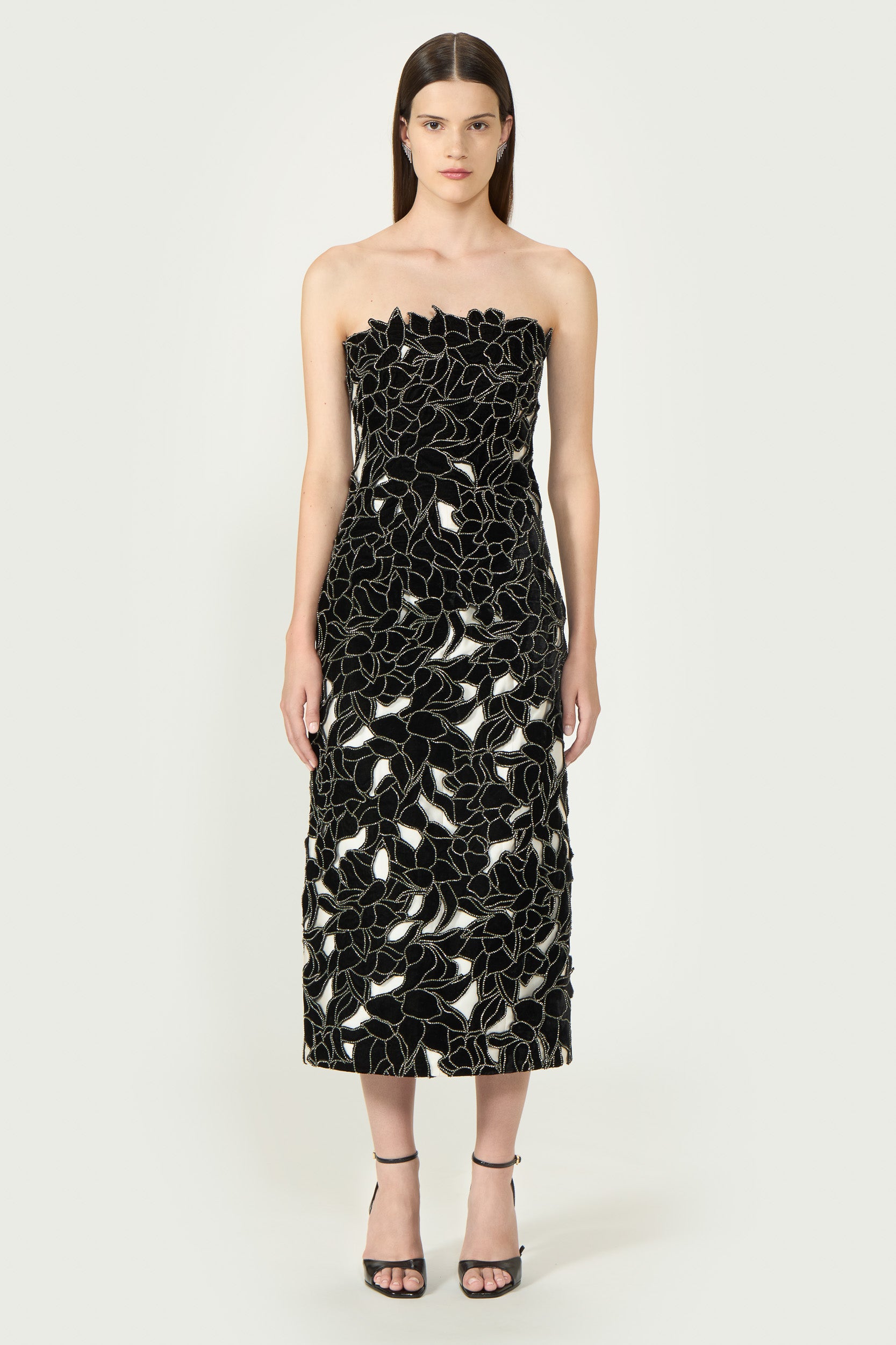 Nellia Floral Cut Silk Velvet Lace Strapless Midi Dress