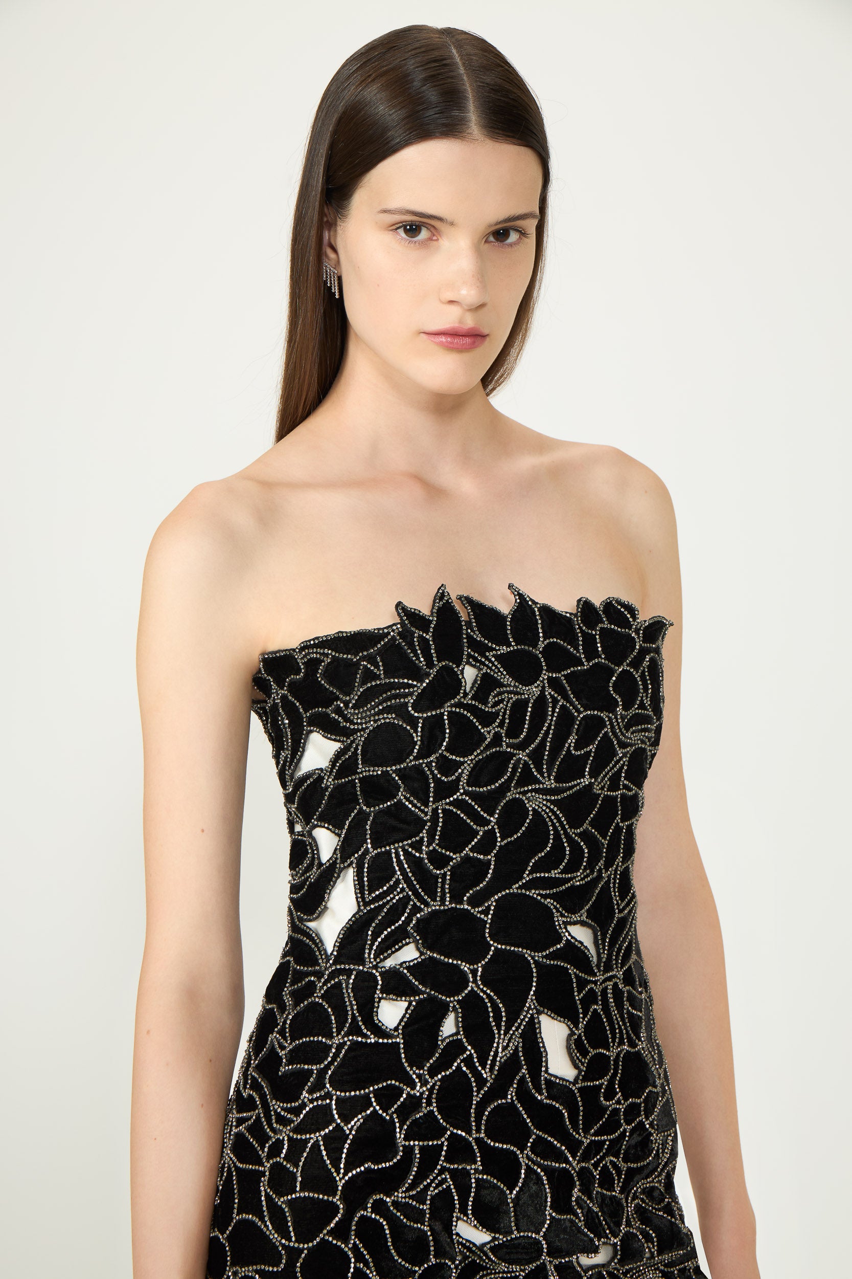 Nellia Floral Cut Silk Velvet Lace Strapless Midi Dress