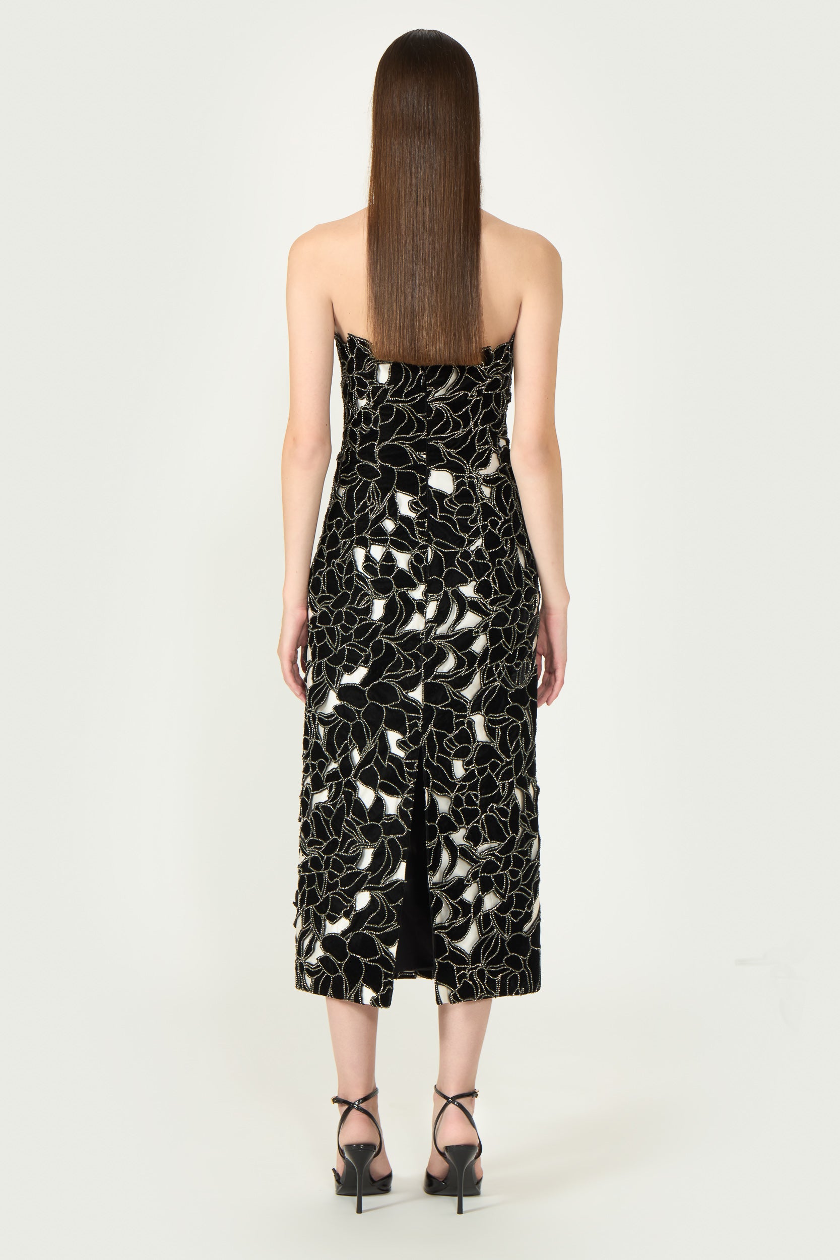 Nellia Floral Cut Silk Velvet Lace Strapless Midi Dress