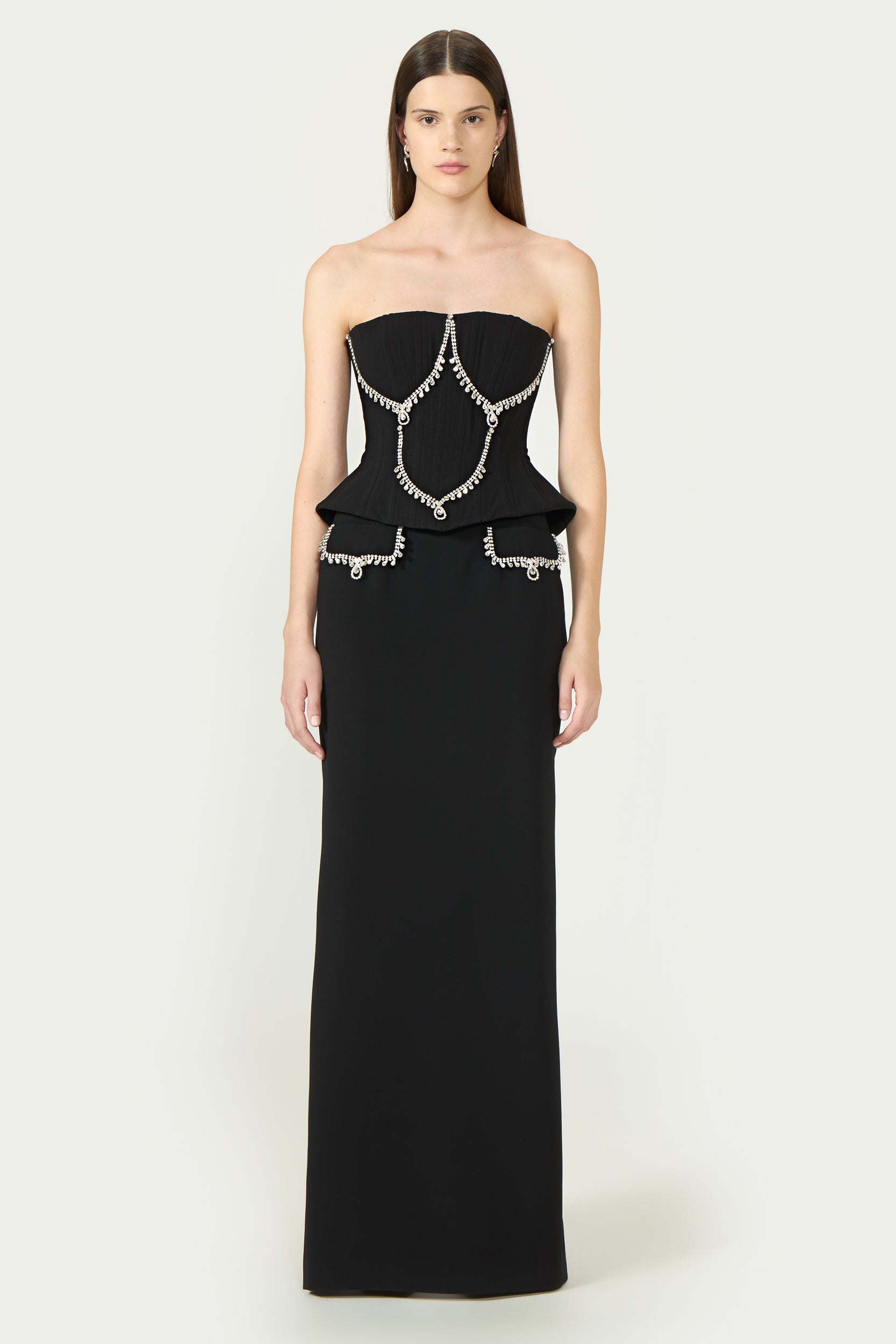 Stara Crepe Crystal Chain Pencil Skirt