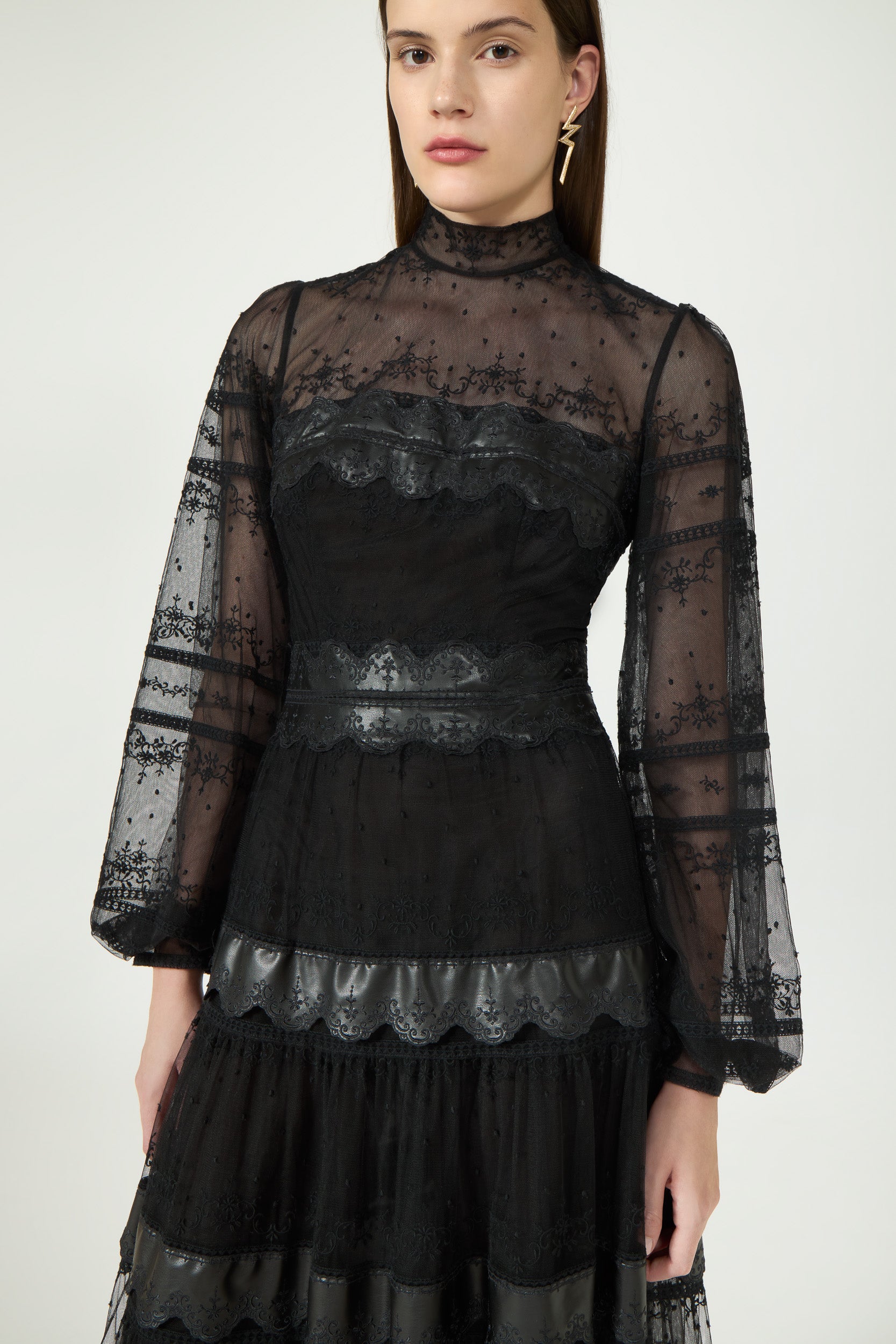 Jacey Embroidered Tulle Faux Leather Gown