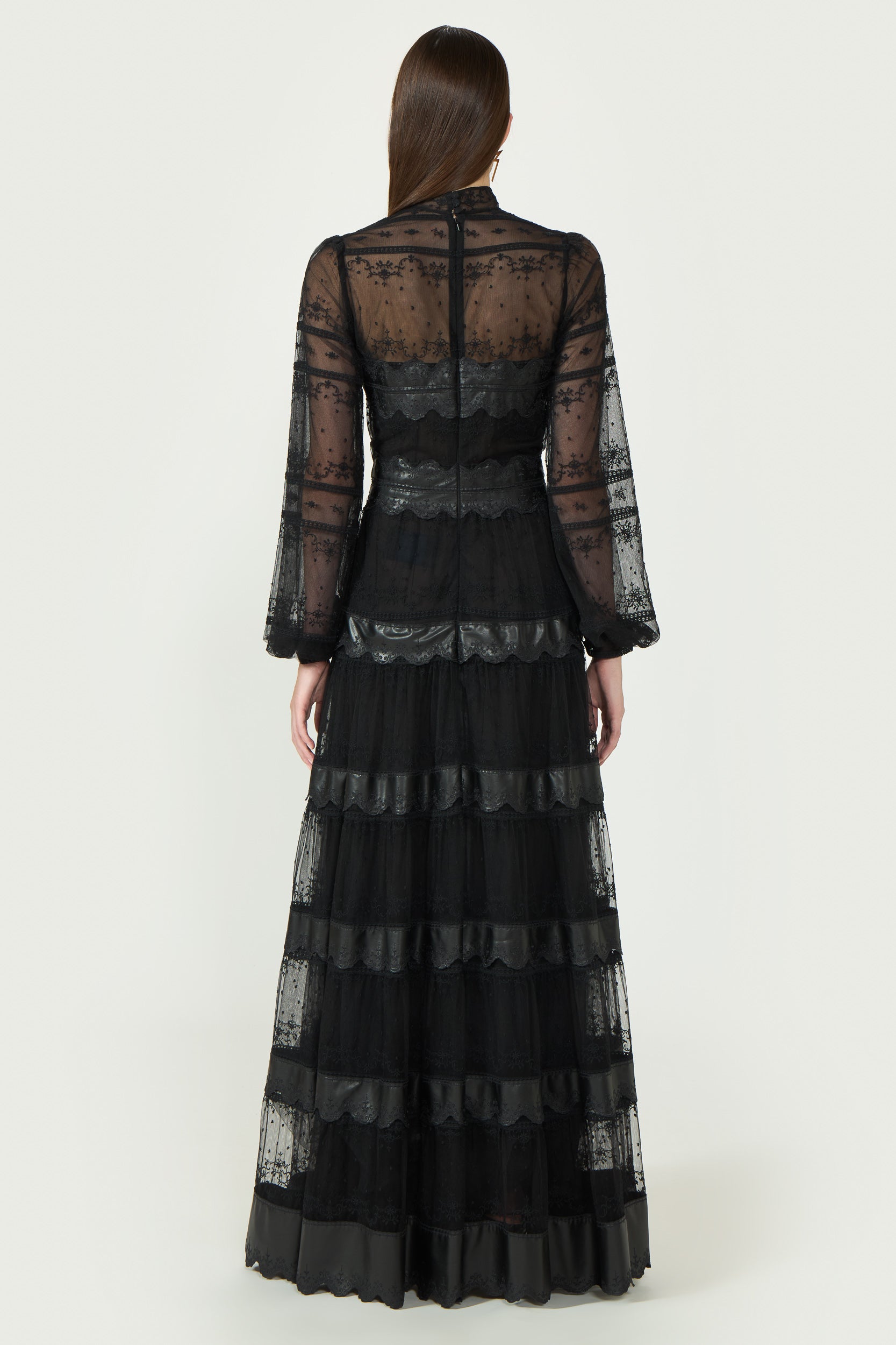Jacey Embroidered Tulle Faux Leather Gown