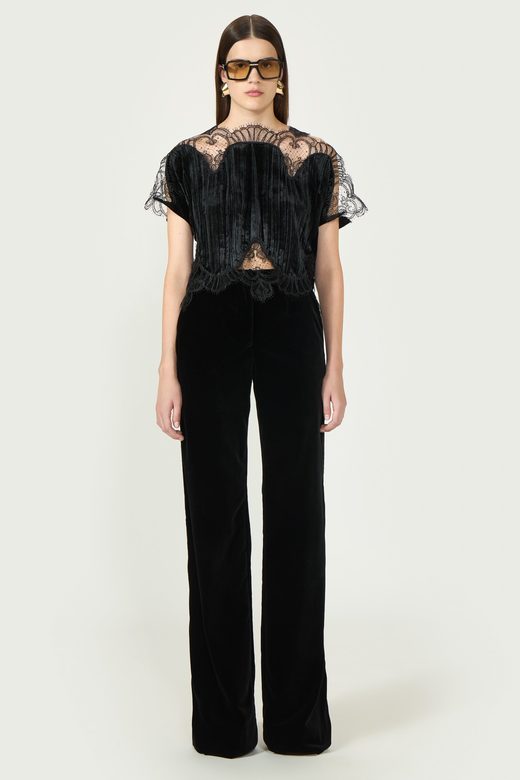 Zaira Plissé Silk Velvet Lace Top