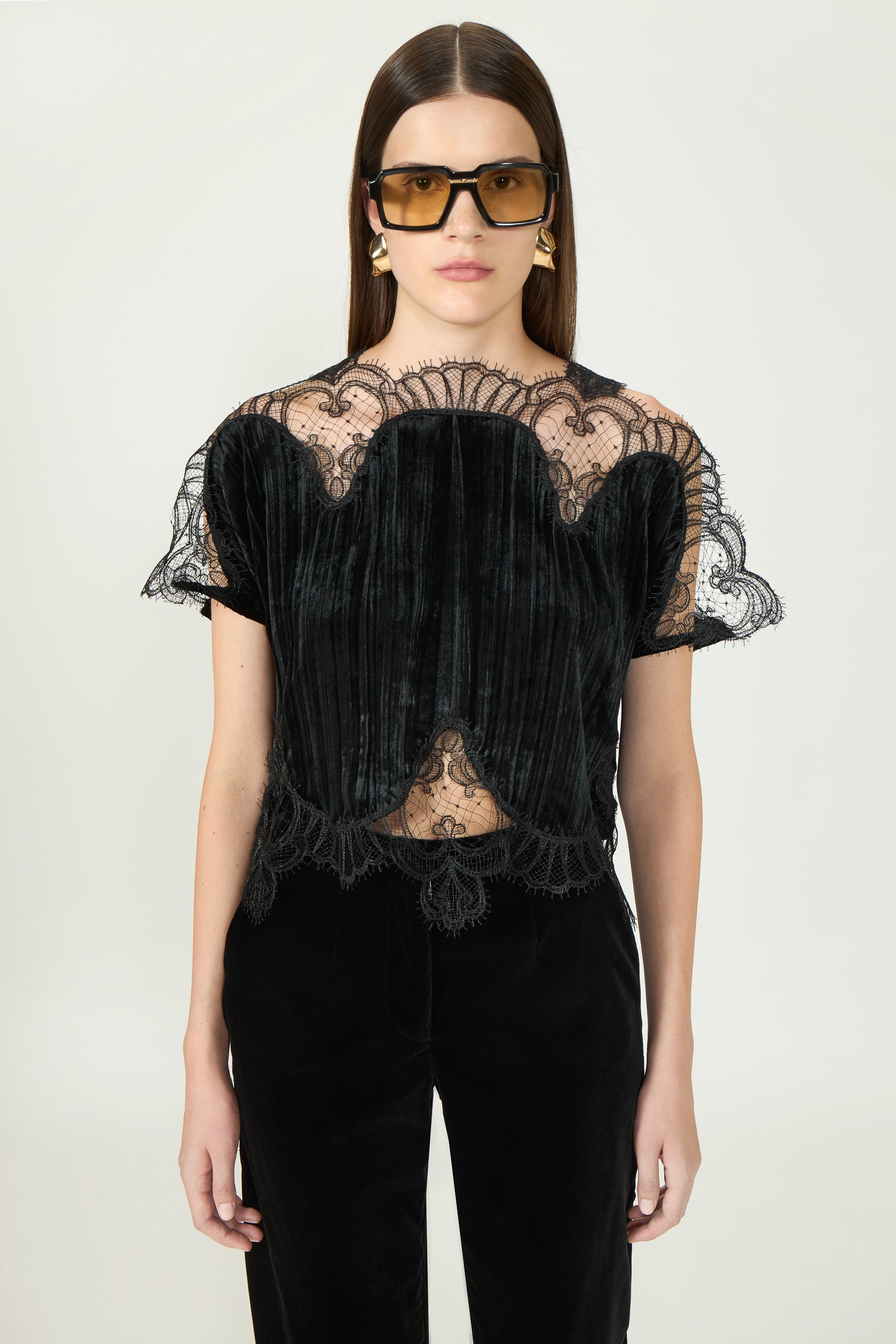 Zaira Plissé Silk Velvet Lace Top