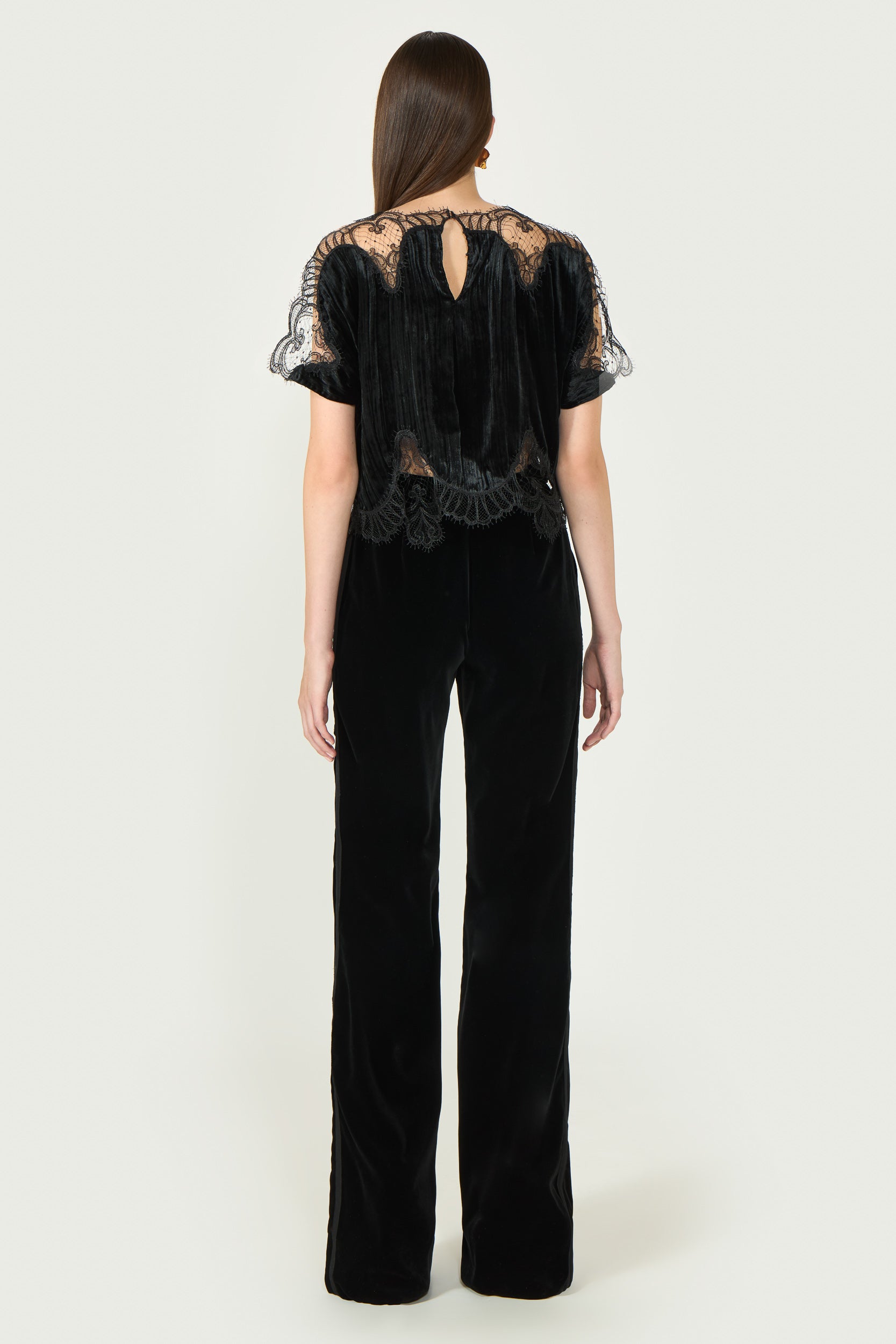 Zaira Plissé Silk Velvet Lace Top